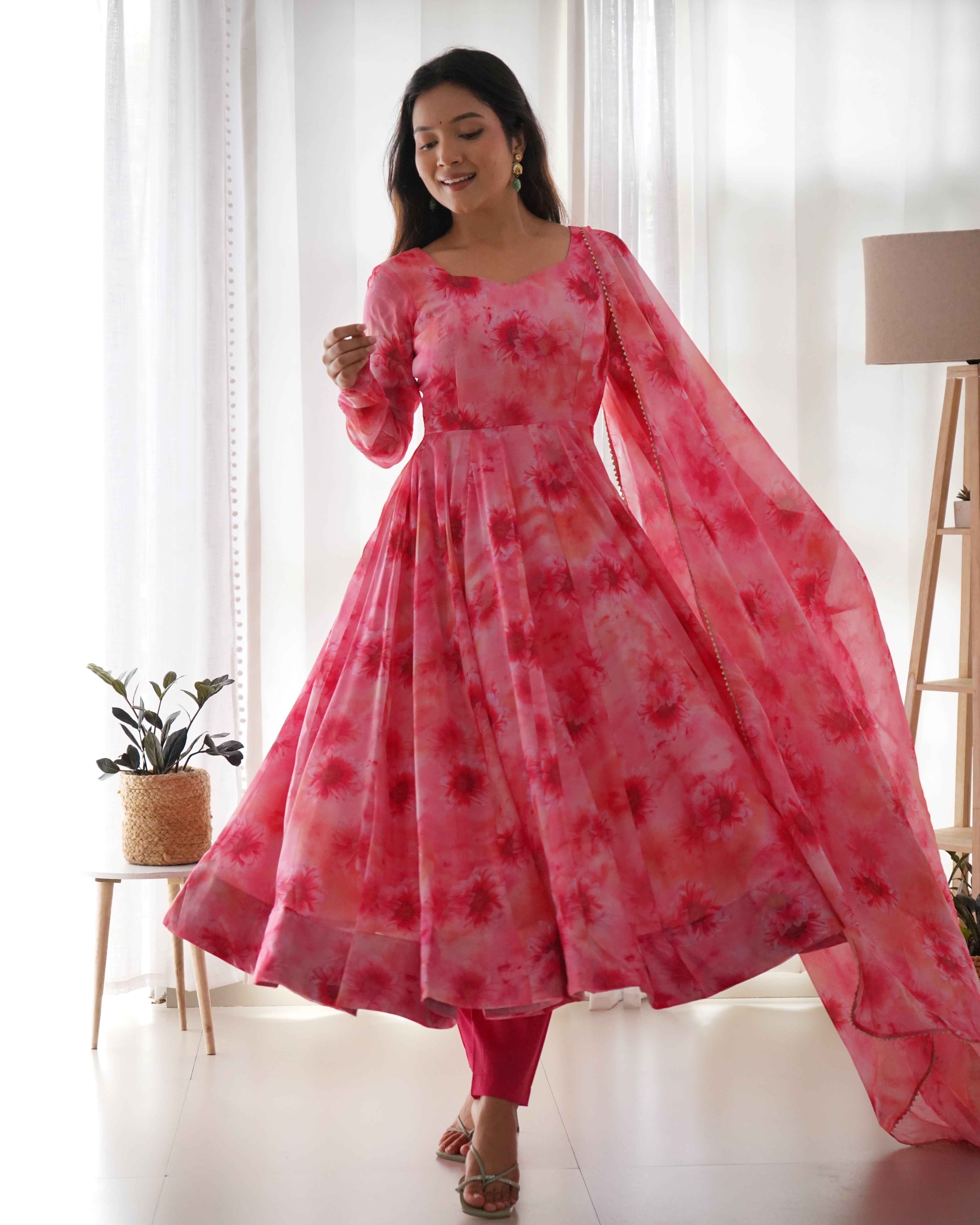 Pink Lining Printed Anarkali Kurti With Pant & Dupatta Set