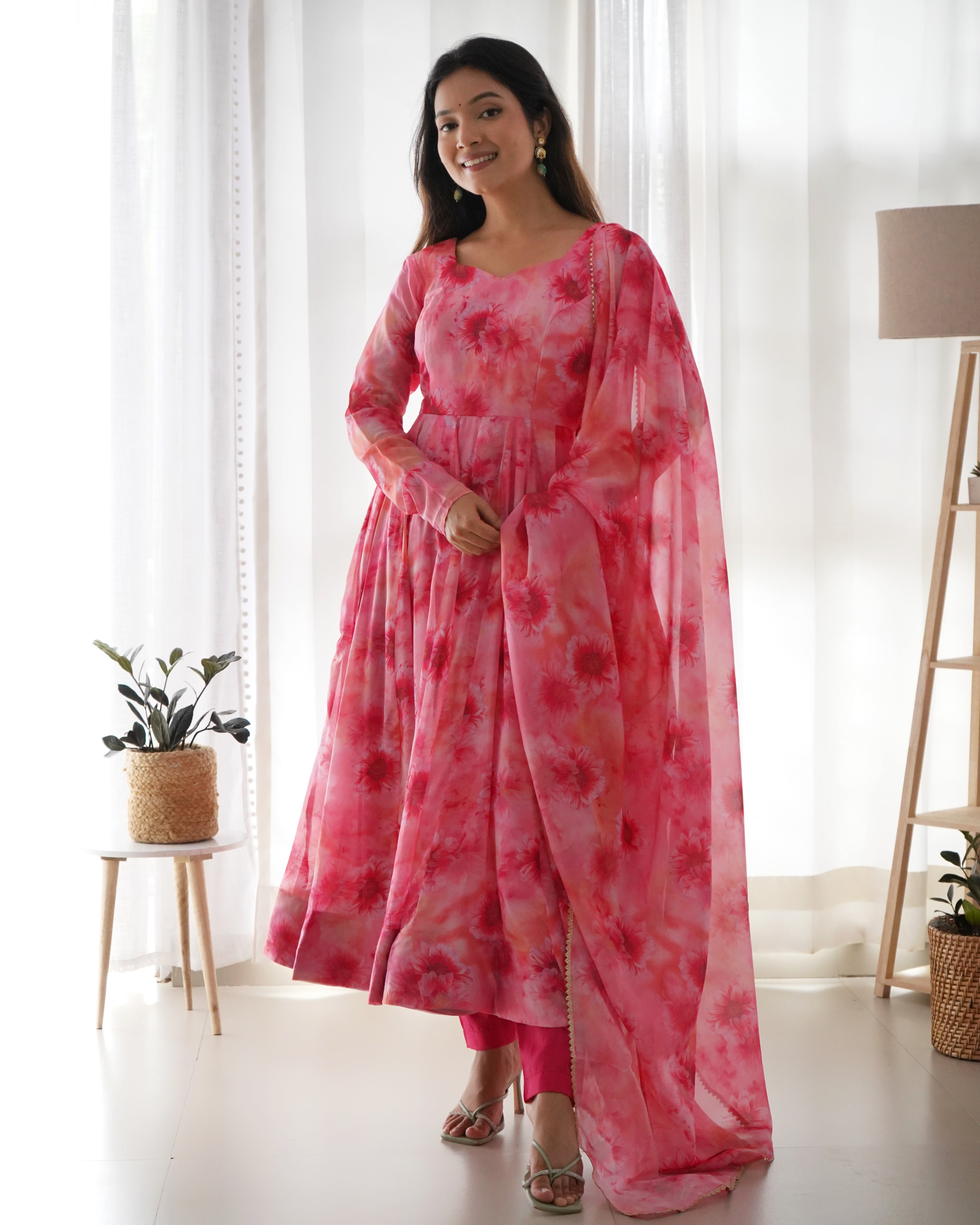 Pink Lining Printed Anarkali Kurti With Pant & Dupatta Set