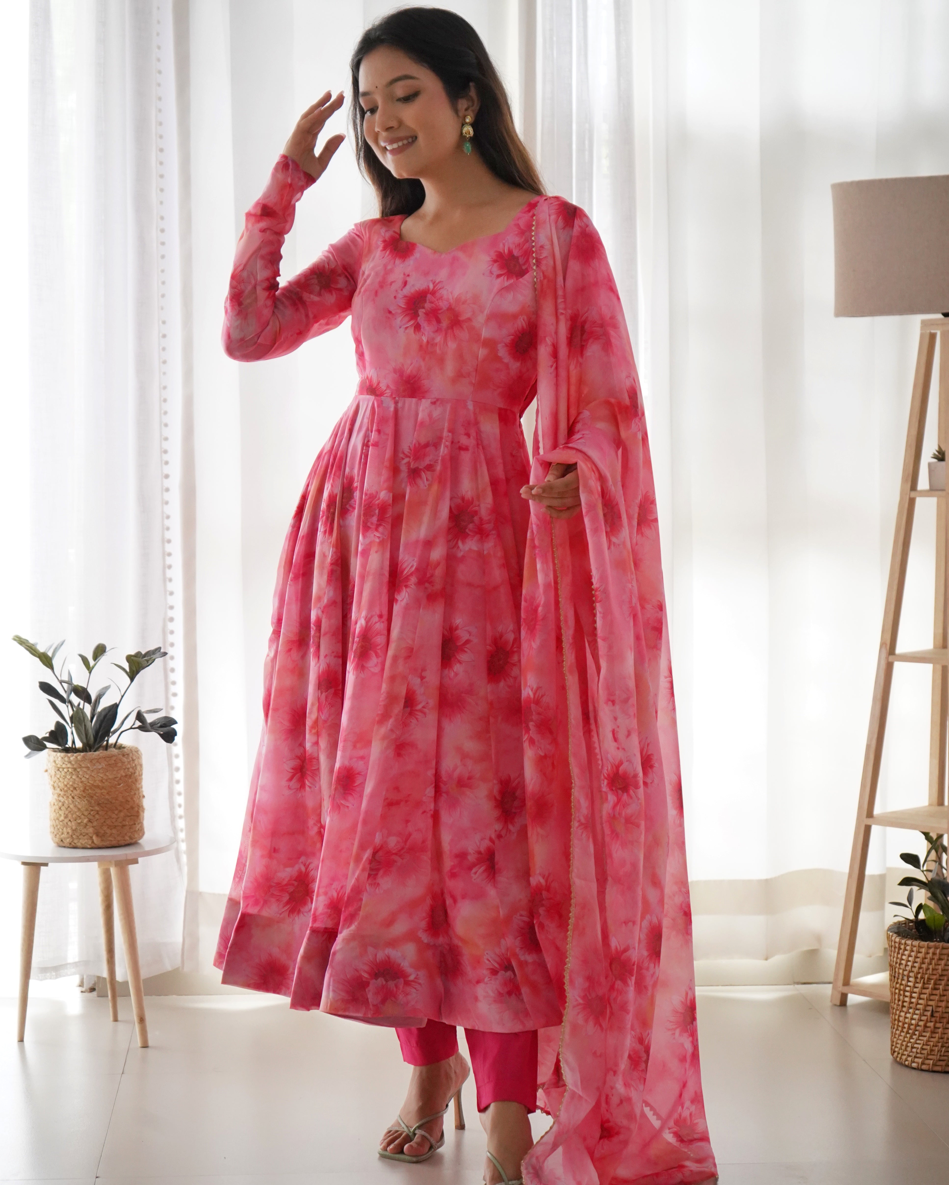 Pink Lining Printed Anarkali Kurti With Pant & Dupatta Set