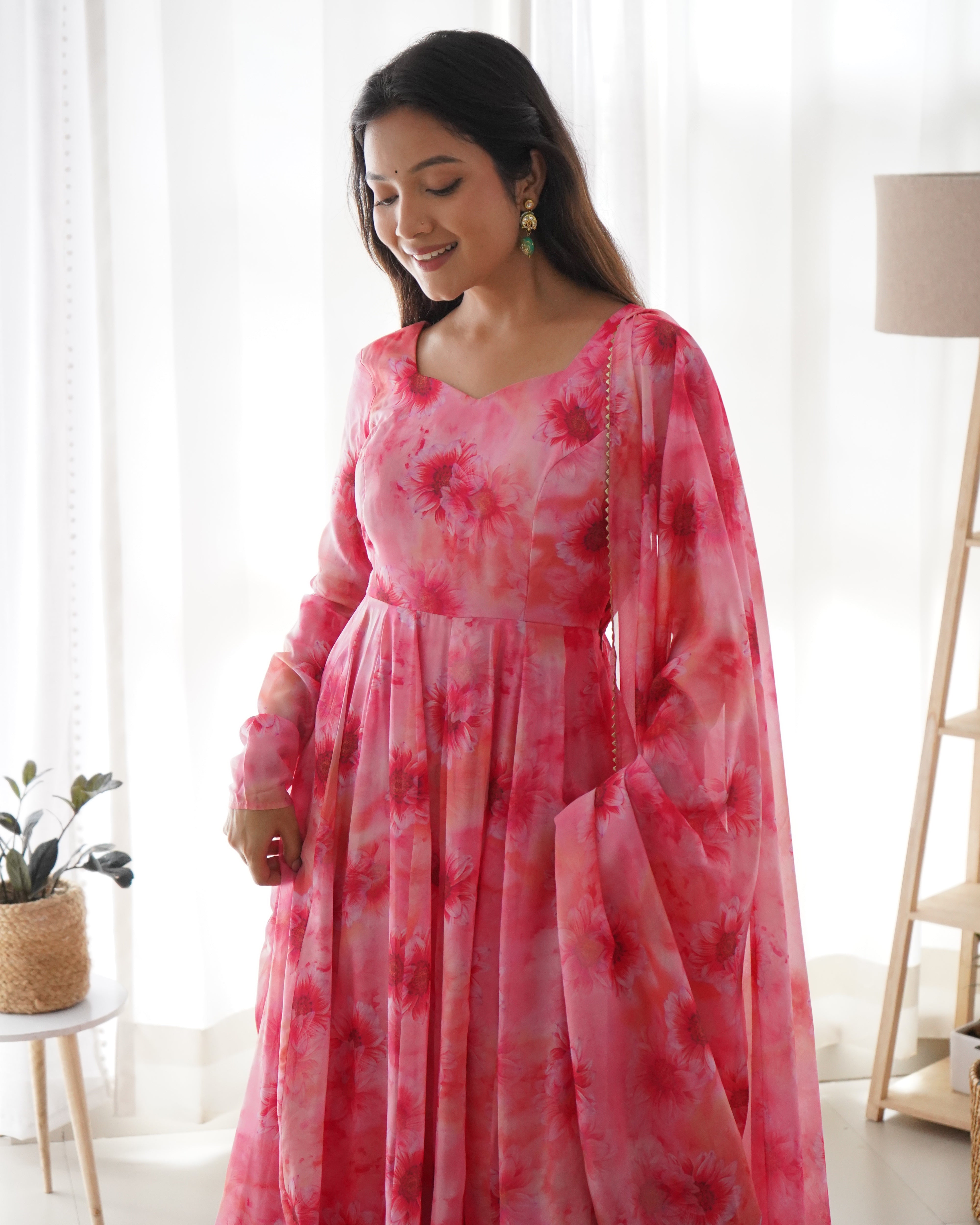 Pink Lining Printed Anarkali Kurti With Pant & Dupatta Set