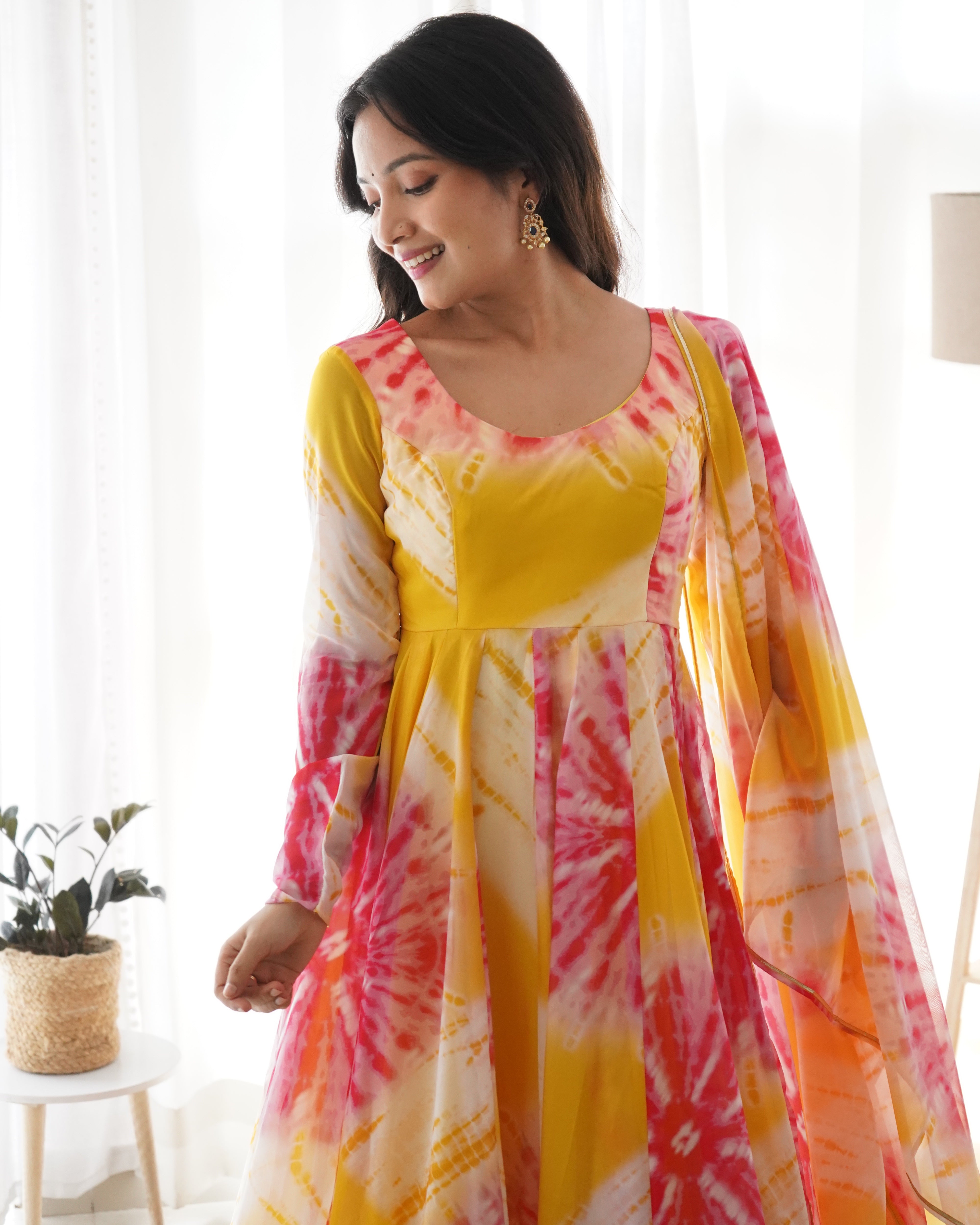 Yellow Organza Printed Anarkali Kurti With Pant & Dupatta Set