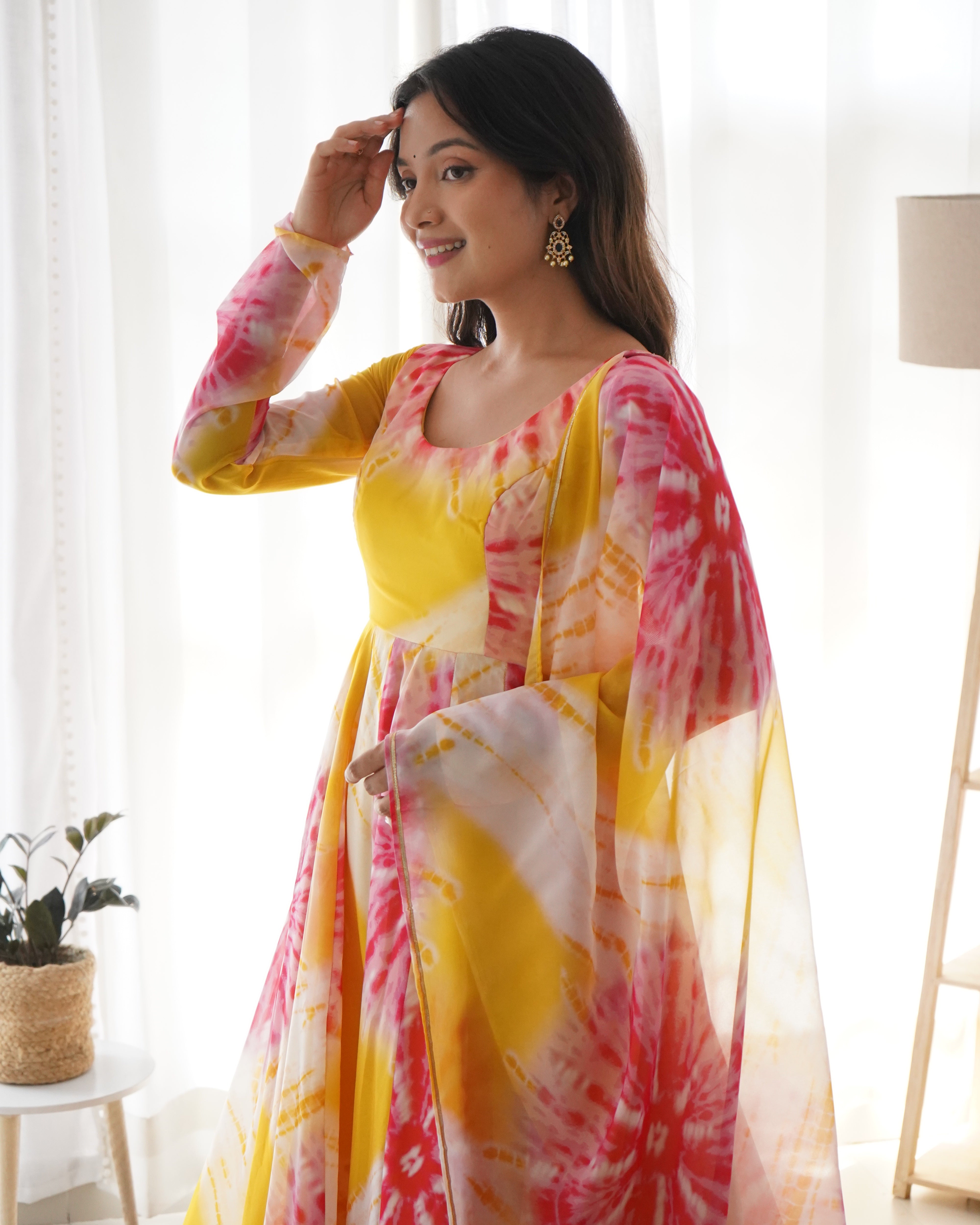 Yellow Organza Printed Anarkali Kurti With Pant & Dupatta Set