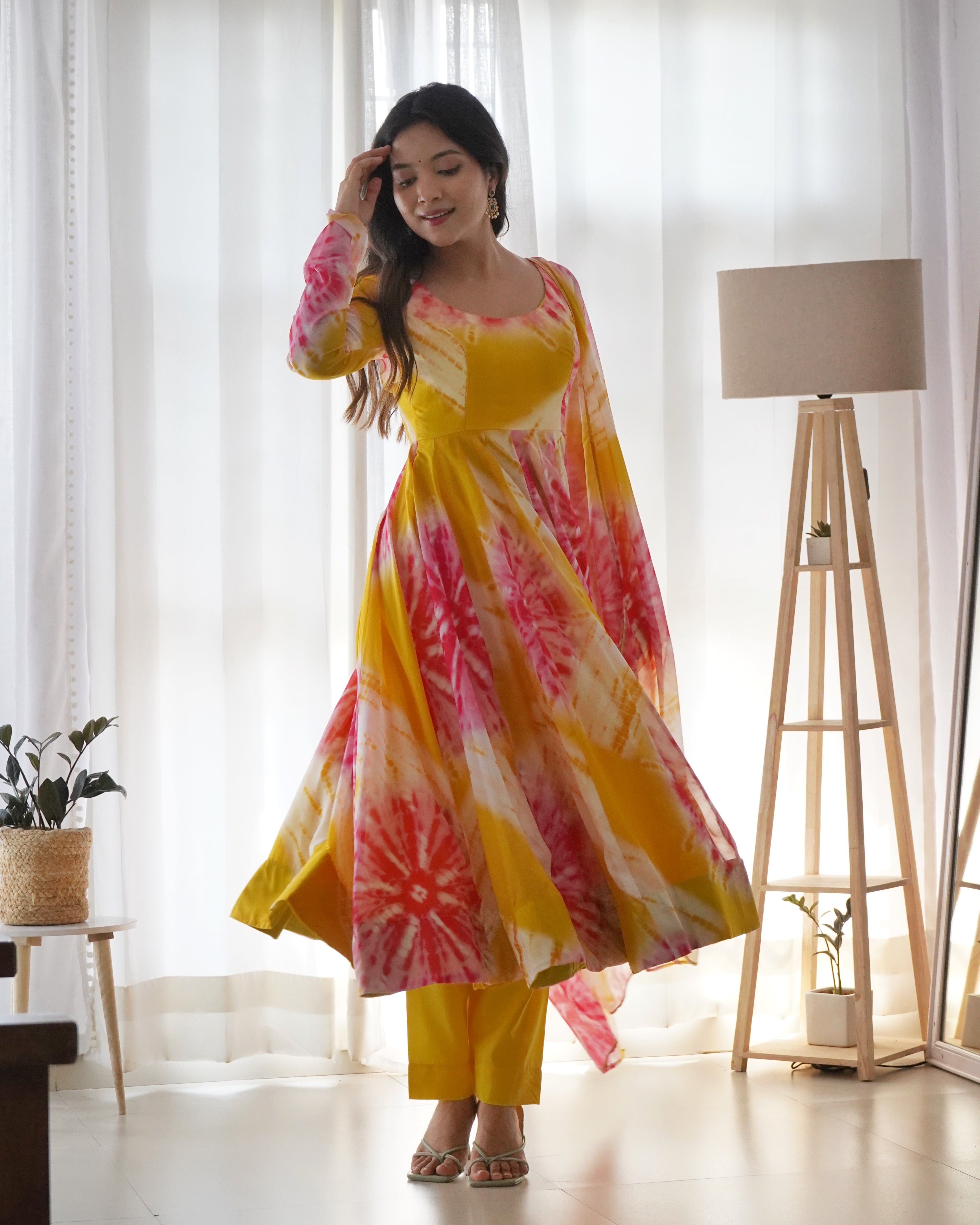 Yellow Organza Printed Anarkali Kurti With Pant & Dupatta Set