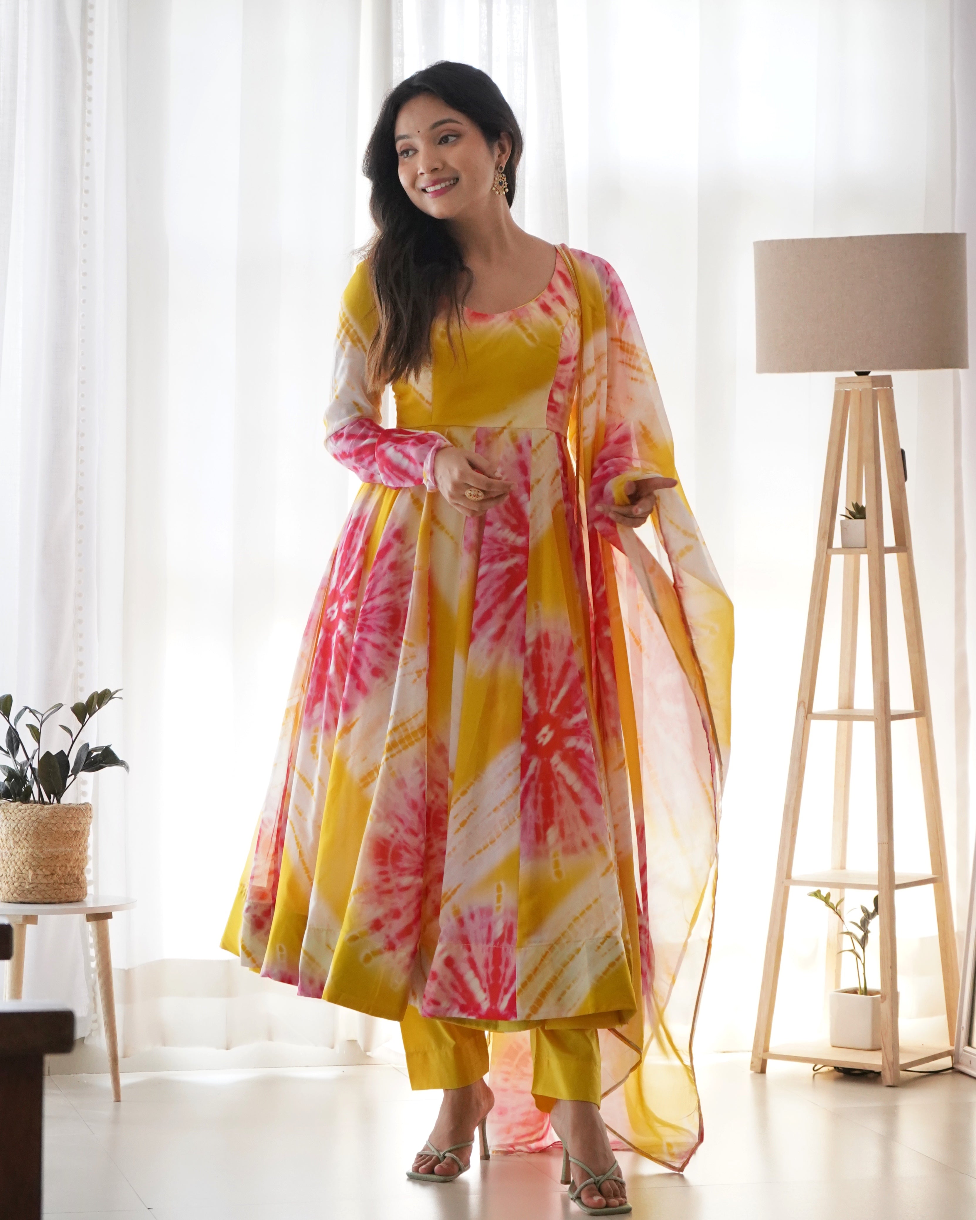 Yellow Organza Printed Anarkali Kurti With Pant & Dupatta Set