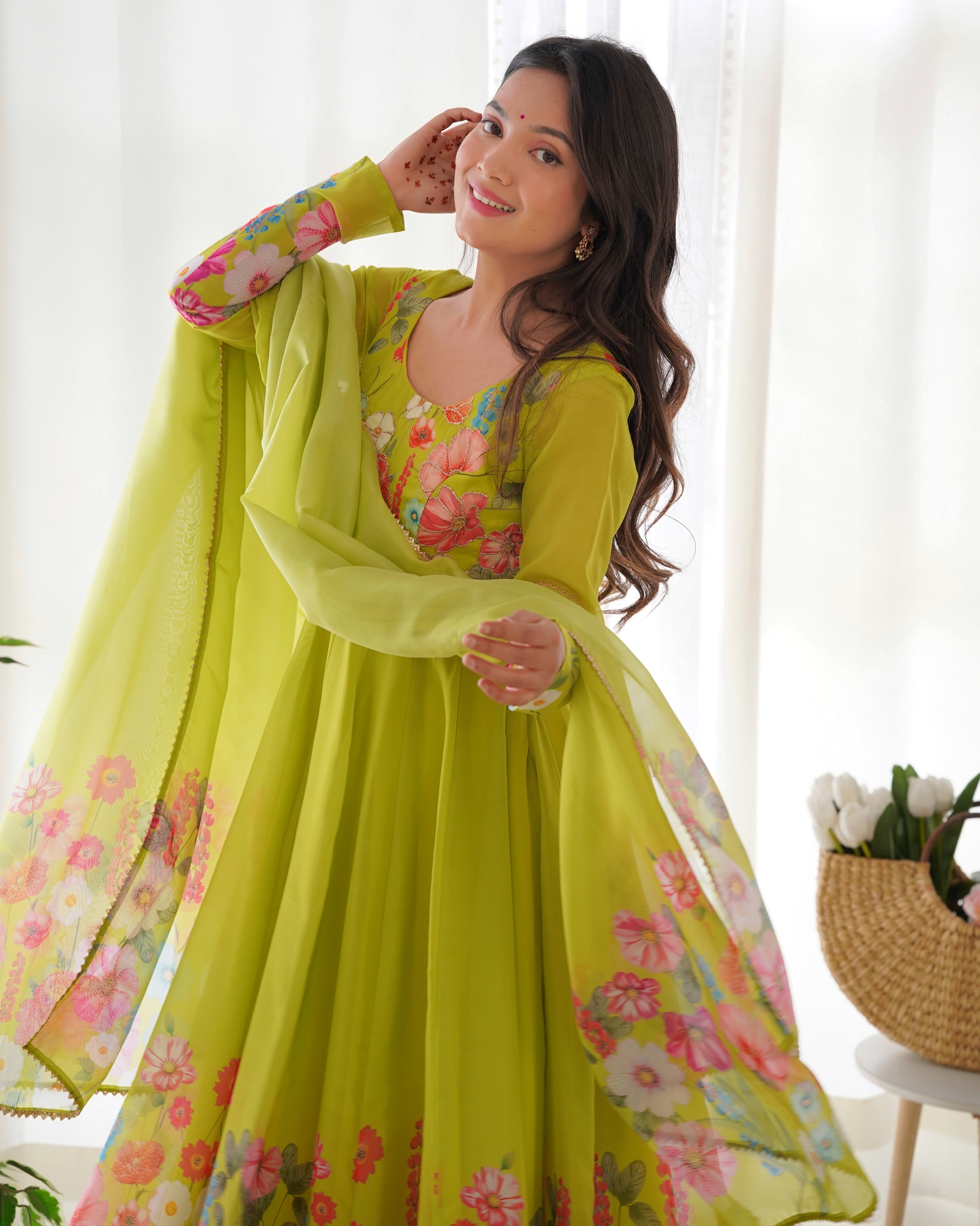 Flower Green Printed Anarkali Gown With Pant & Dupatta Set