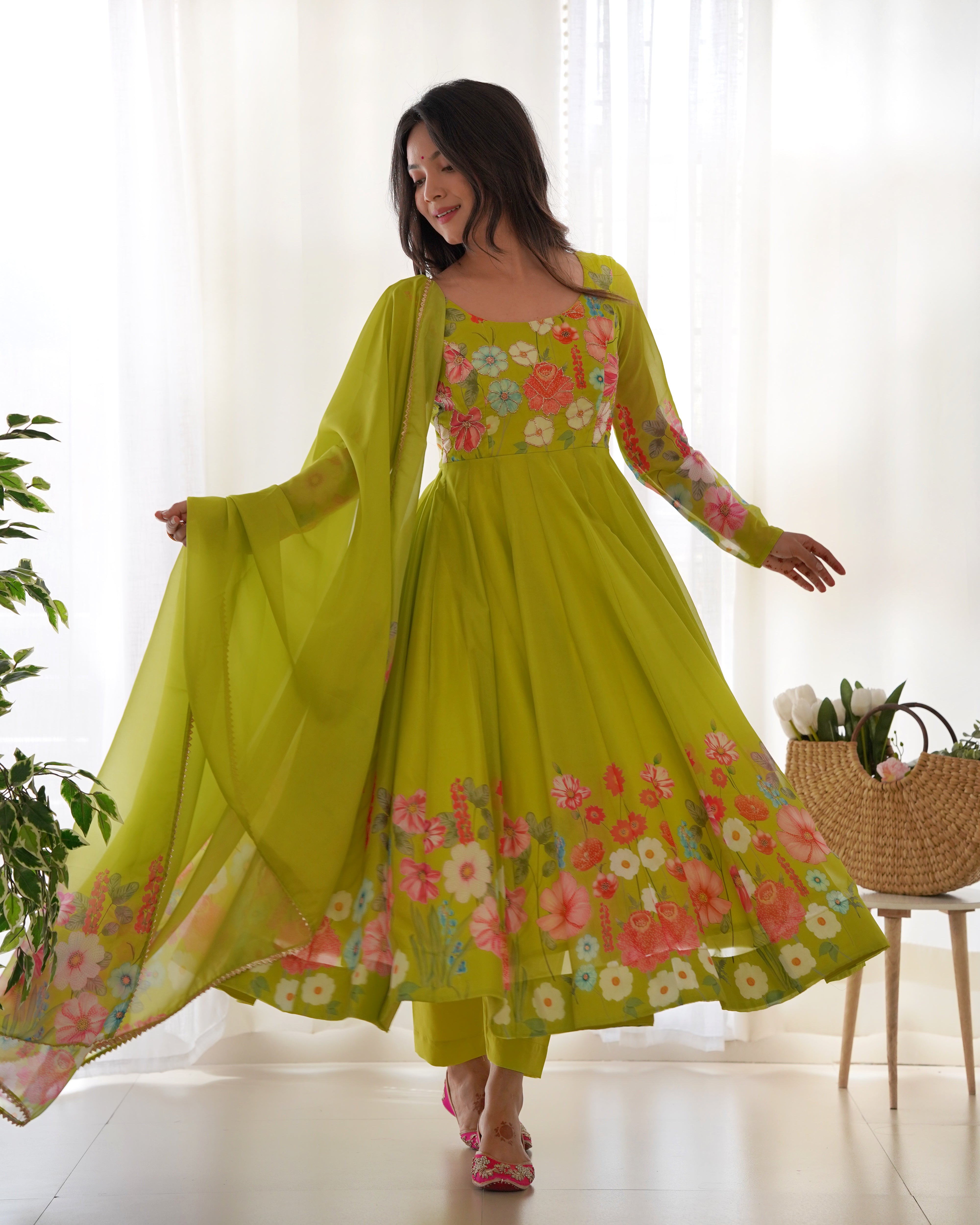 Flower Green Printed Anarkali Gown With Pant & Dupatta Set