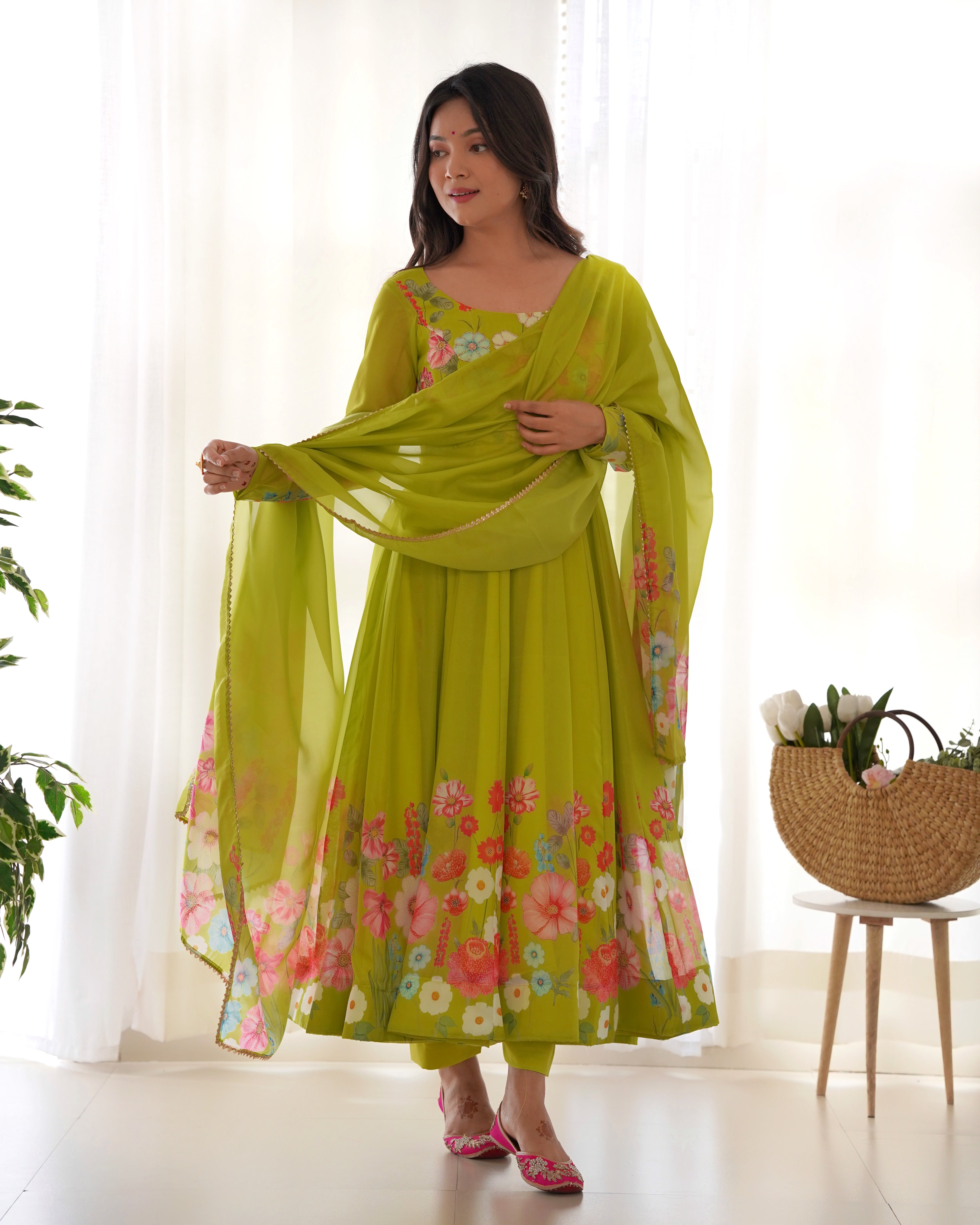 Flower Green Printed Anarkali Gown With Pant & Dupatta Set