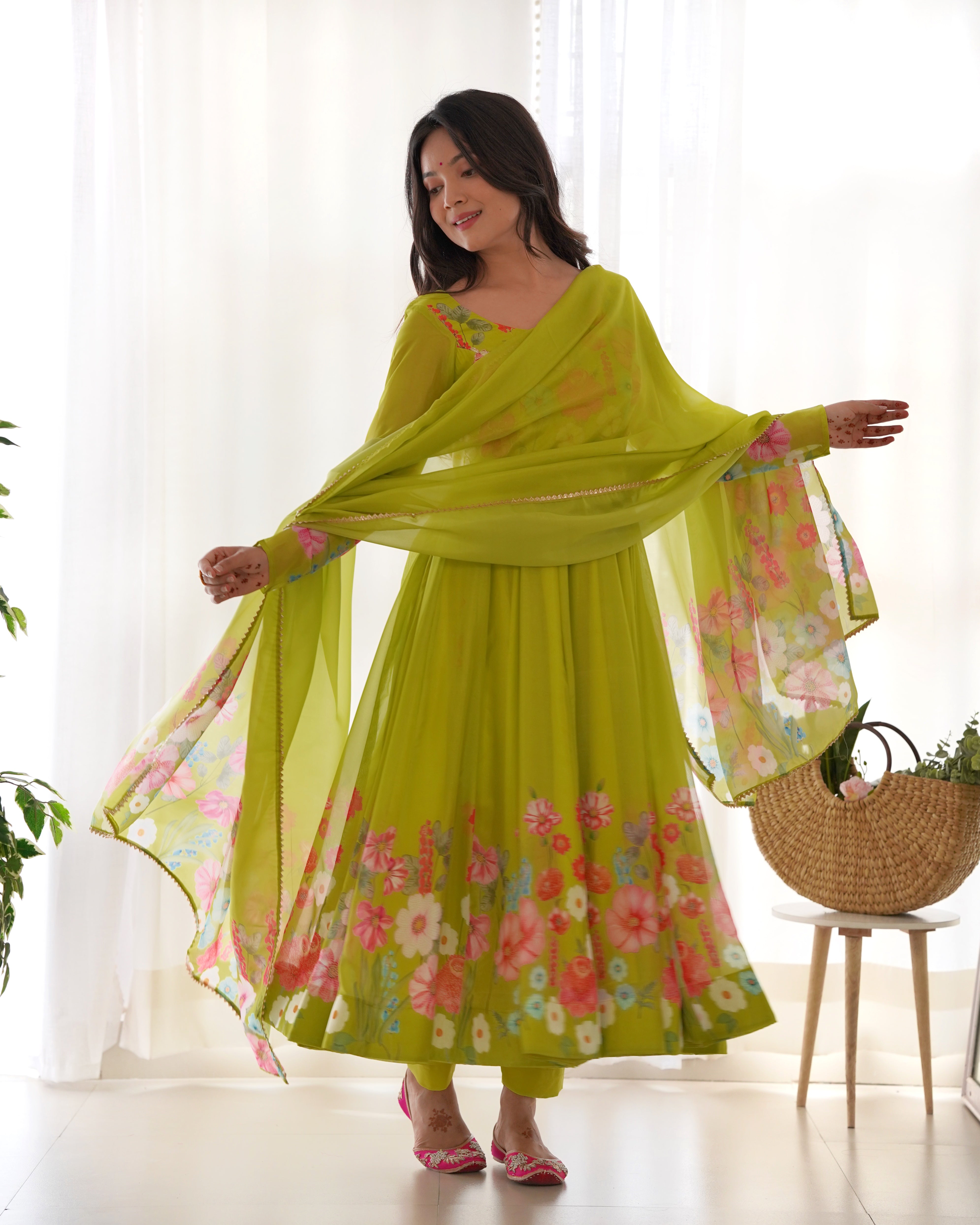 Flower Green Printed Anarkali Gown With Pant & Dupatta Set