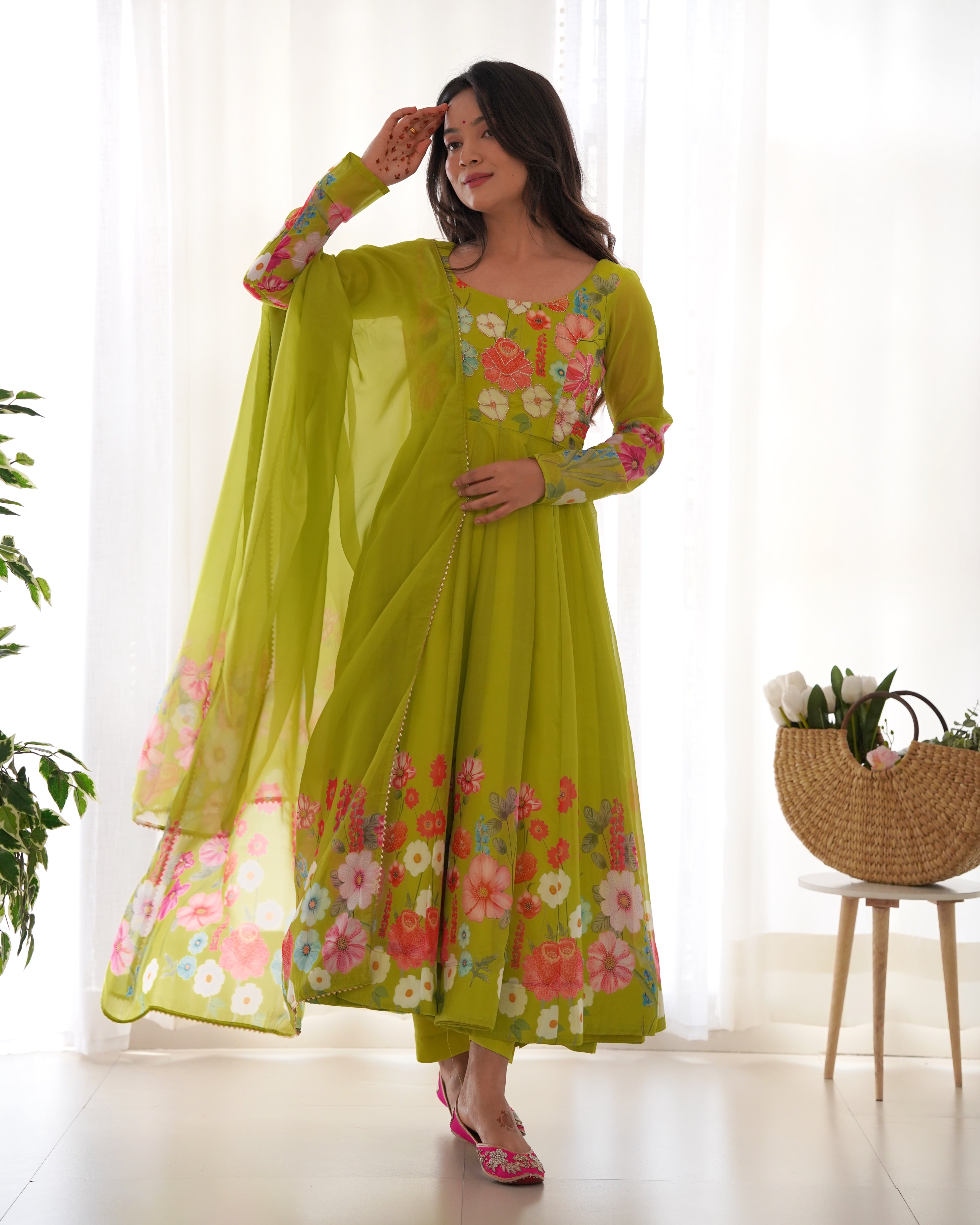 Flower Green Printed Anarkali Gown With Pant & Dupatta Set