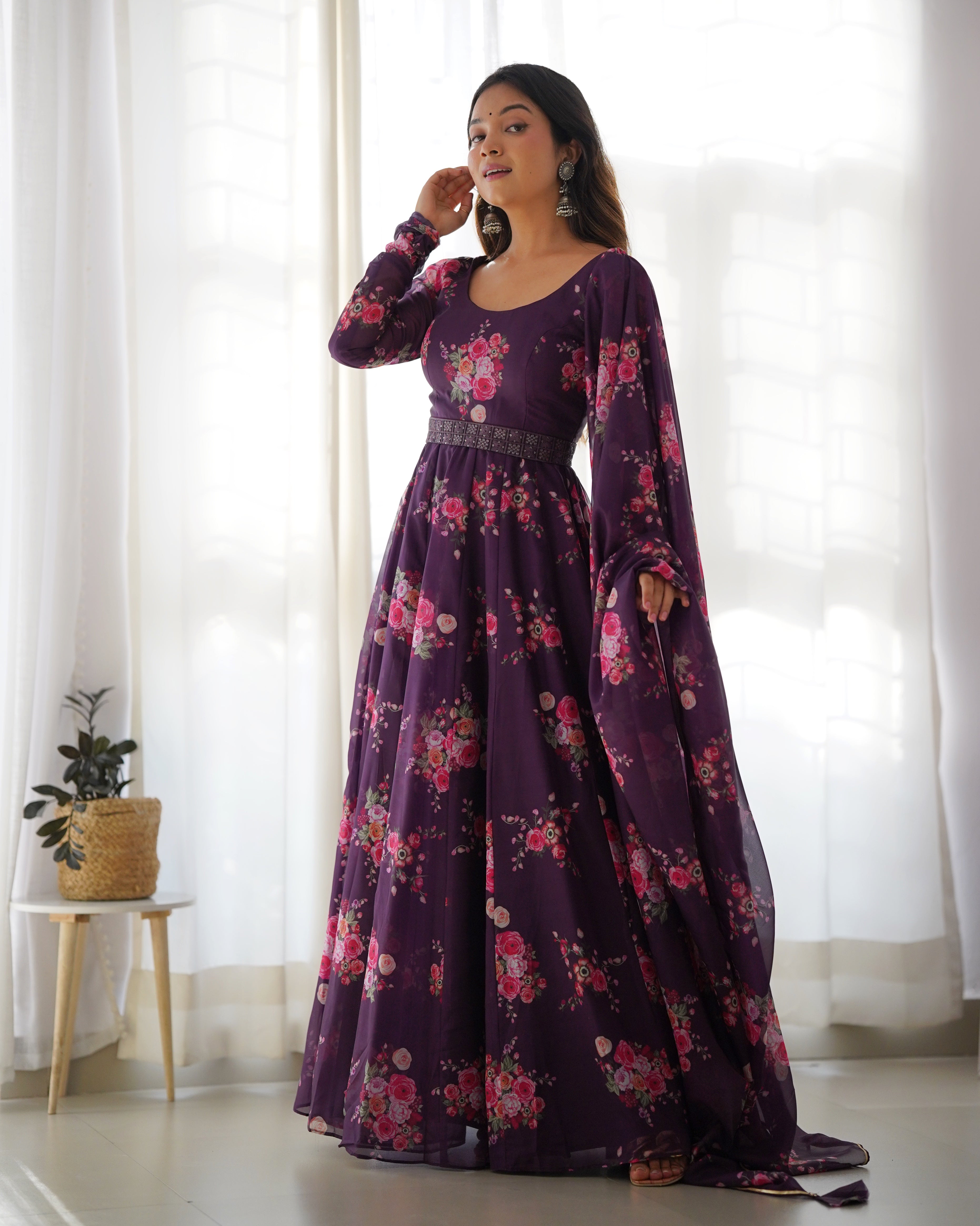 Wine Organza Printed Anarkali Kurti With Pant & Dupatta Set