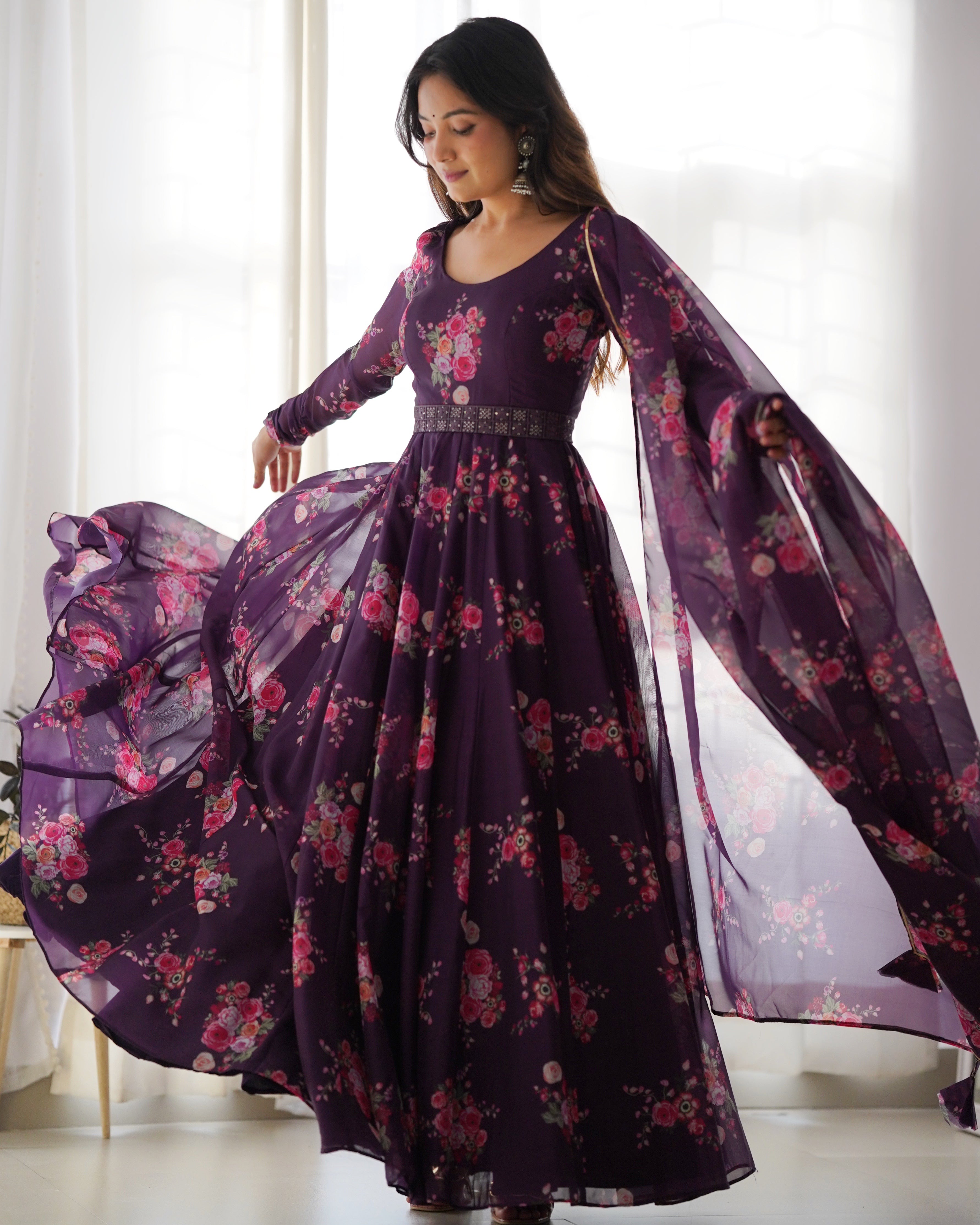 Wine Organza Printed Anarkali Kurti With Pant & Dupatta Set