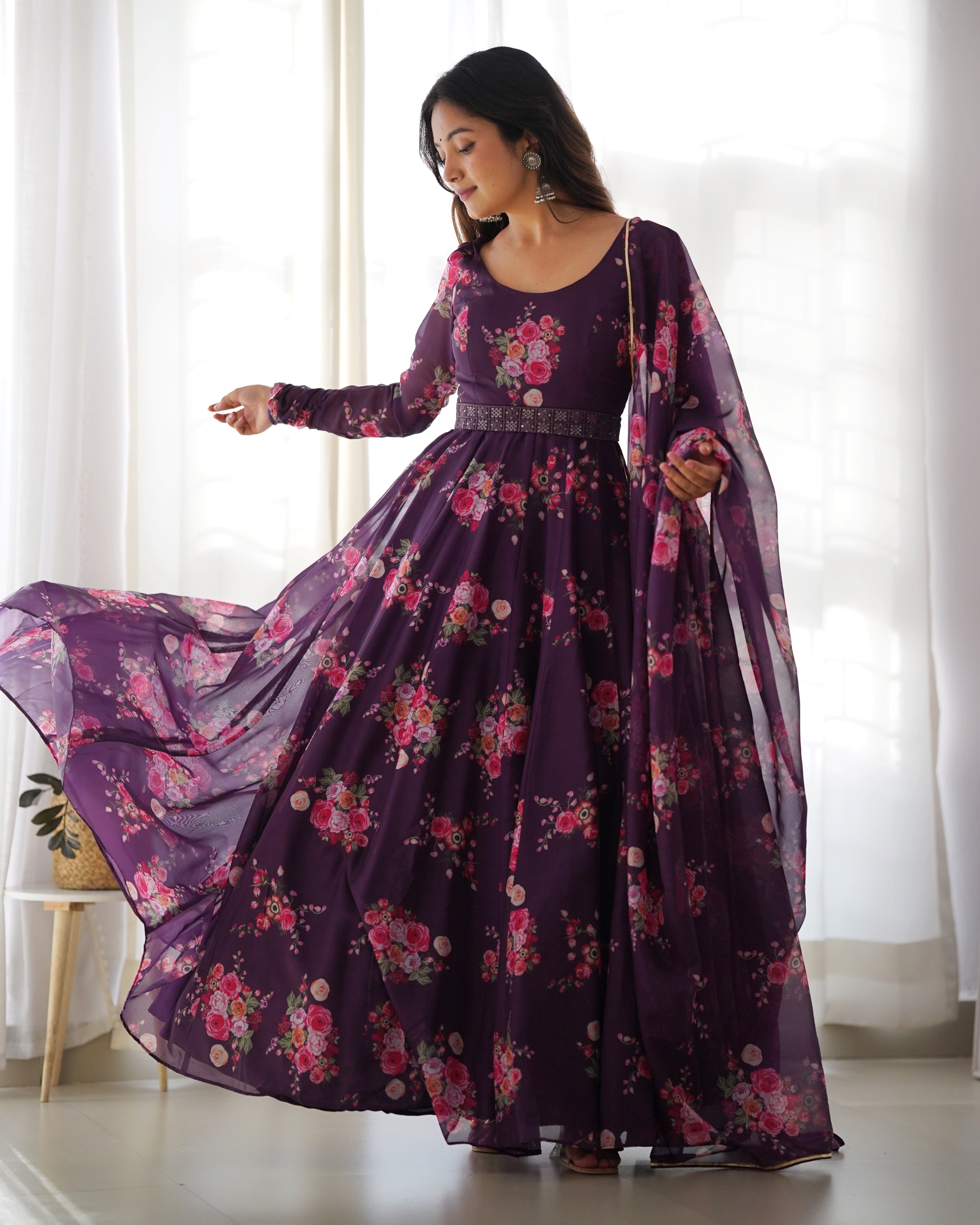 Wine Organza Printed Anarkali Kurti With Pant & Dupatta Set