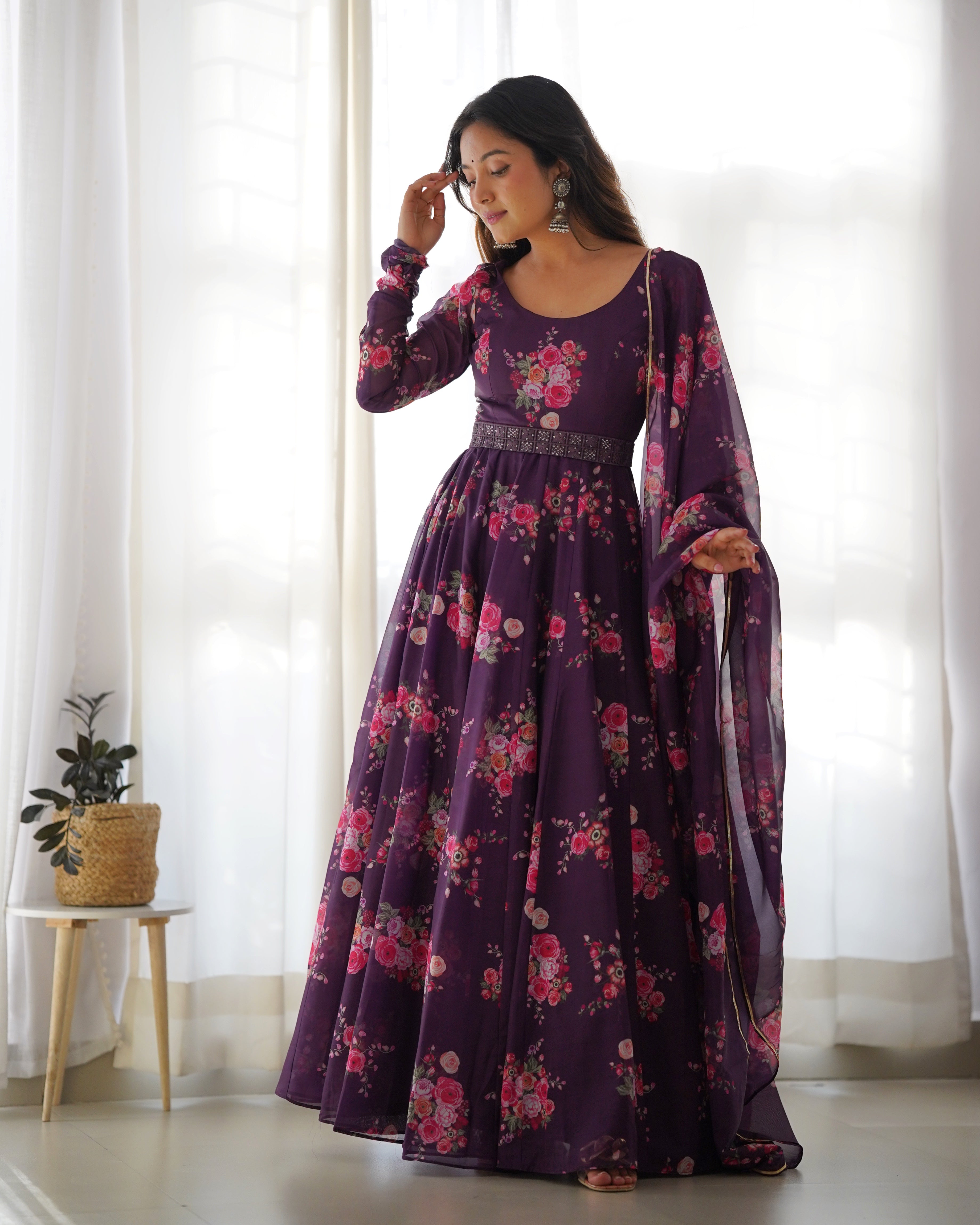 Wine Organza Printed Anarkali Kurti With Pant & Dupatta Set