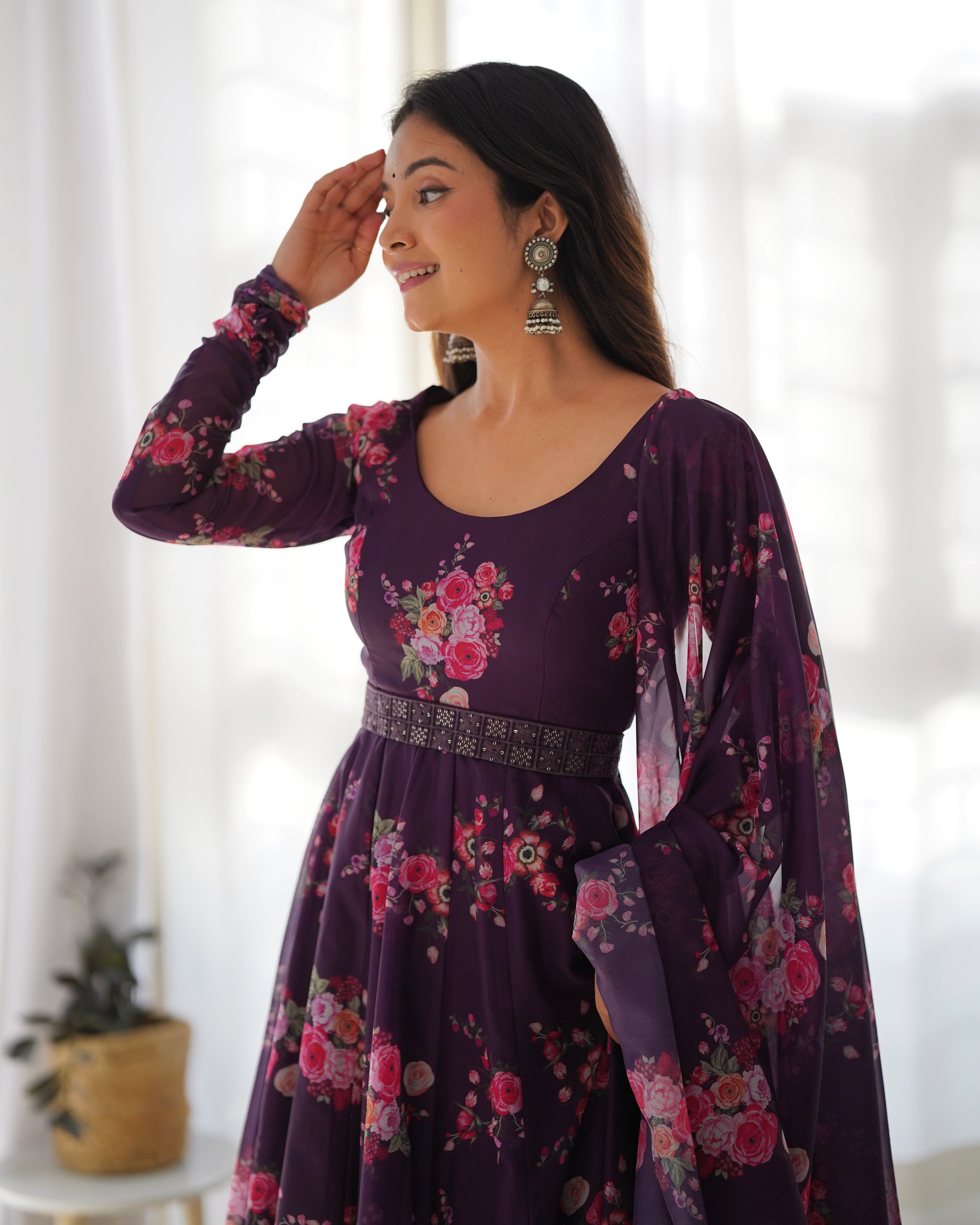 Wine Organza Printed Anarkali Kurti With Pant & Dupatta Set