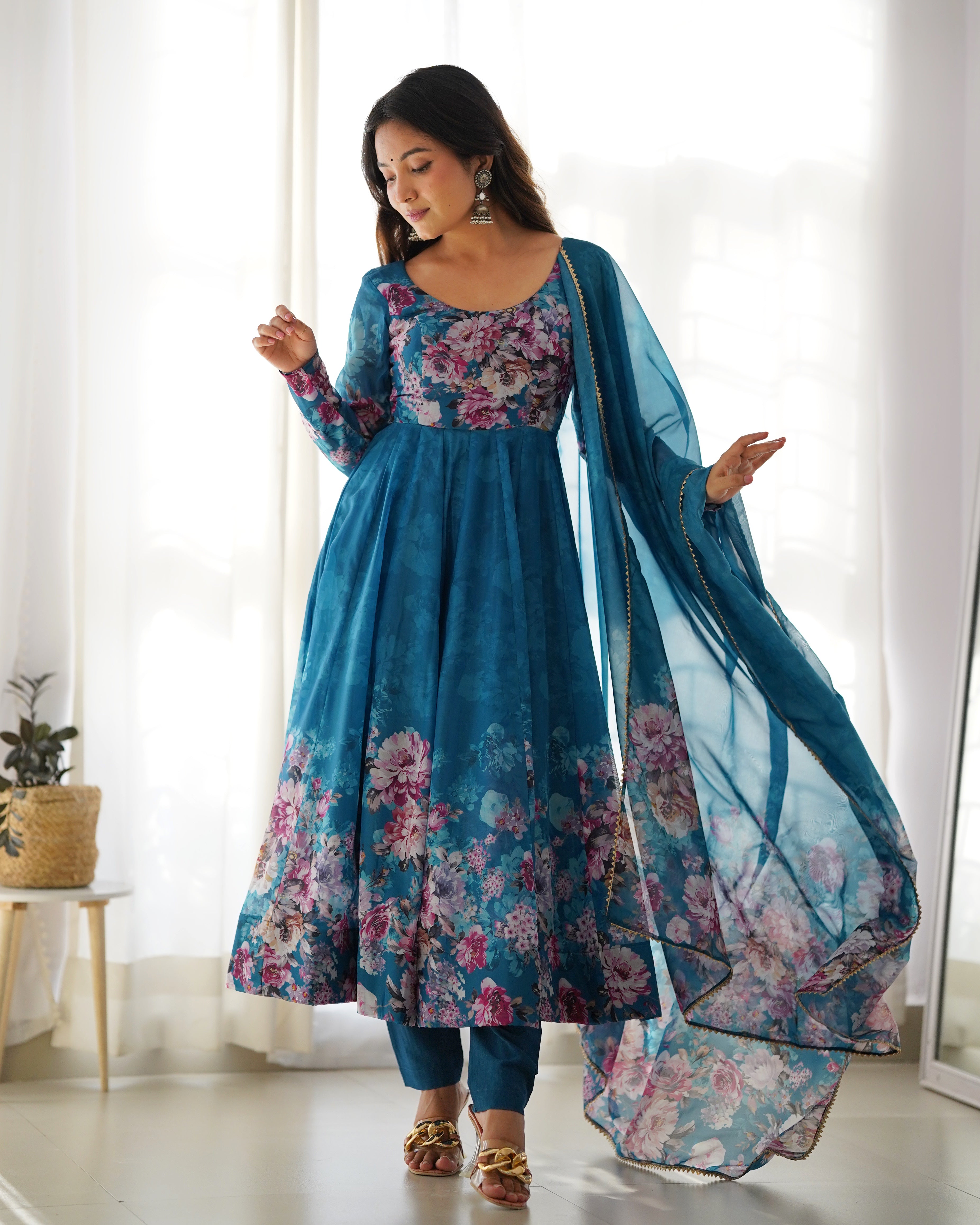 Blue Flower Printed Anarkali Kurti With Pant & Dupatta Set