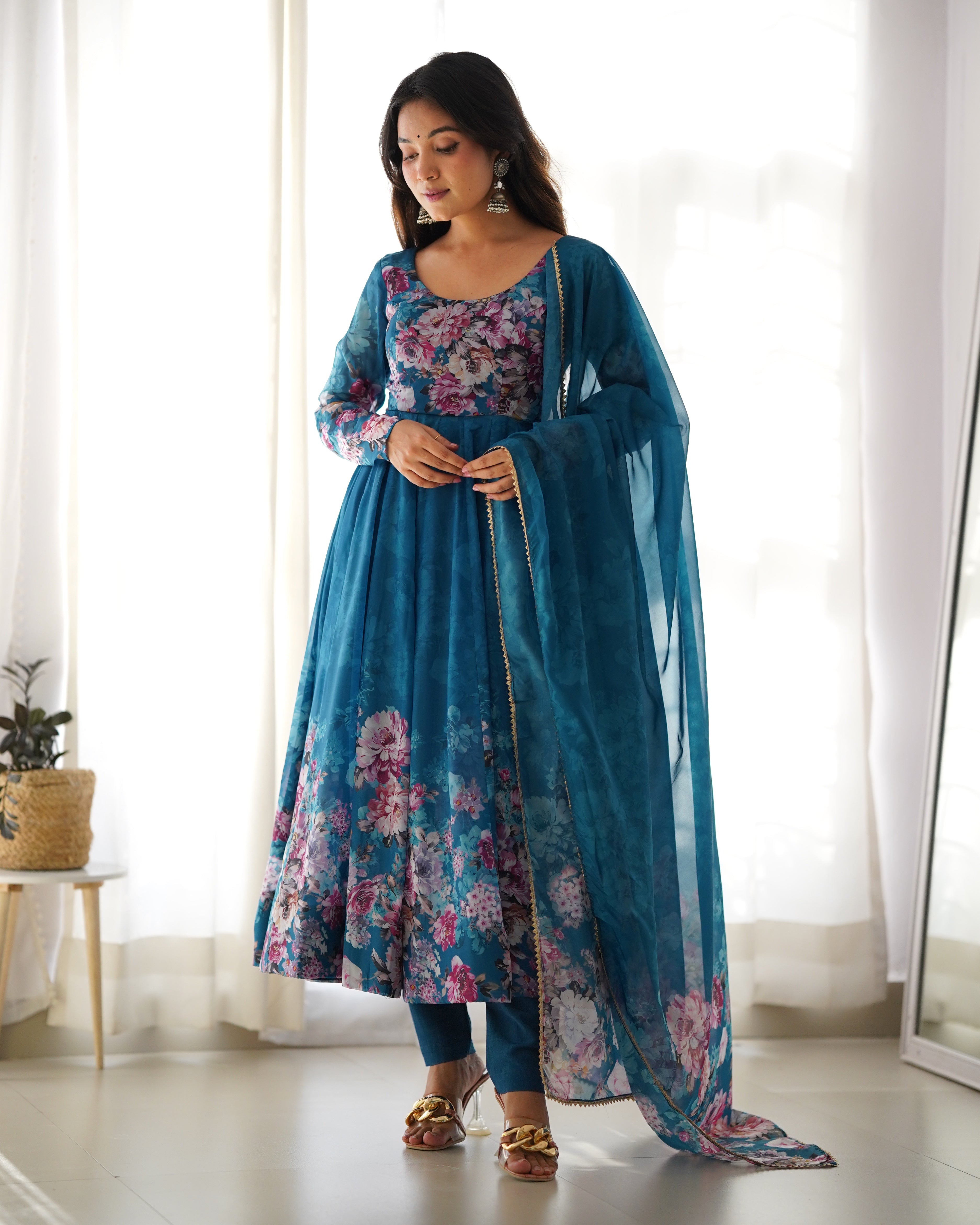 Blue Flower Printed Anarkali Kurti With Pant & Dupatta Set