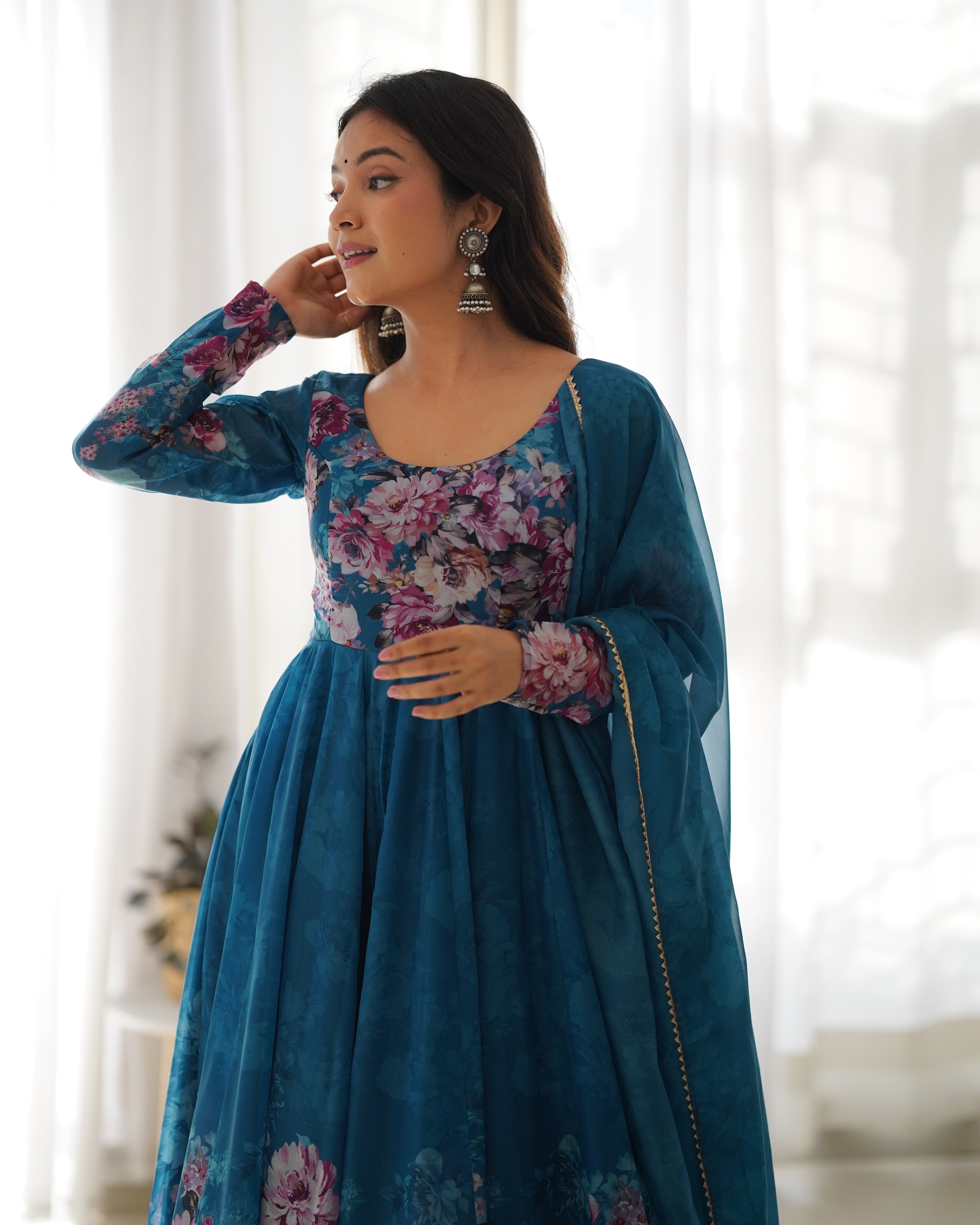 Blue Flower Printed Anarkali Kurti With Pant & Dupatta Set