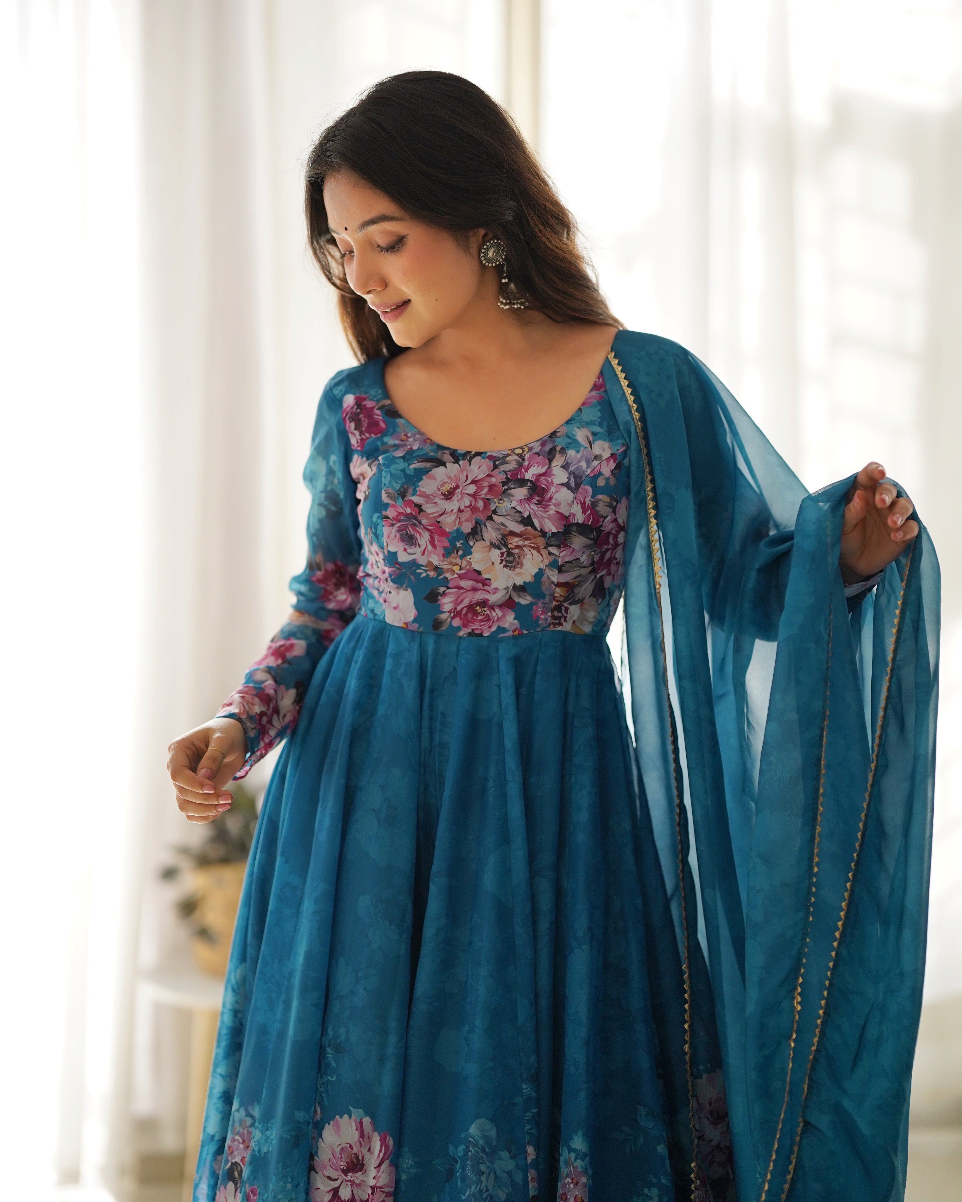 Blue Flower Printed Anarkali Kurti With Pant & Dupatta Set