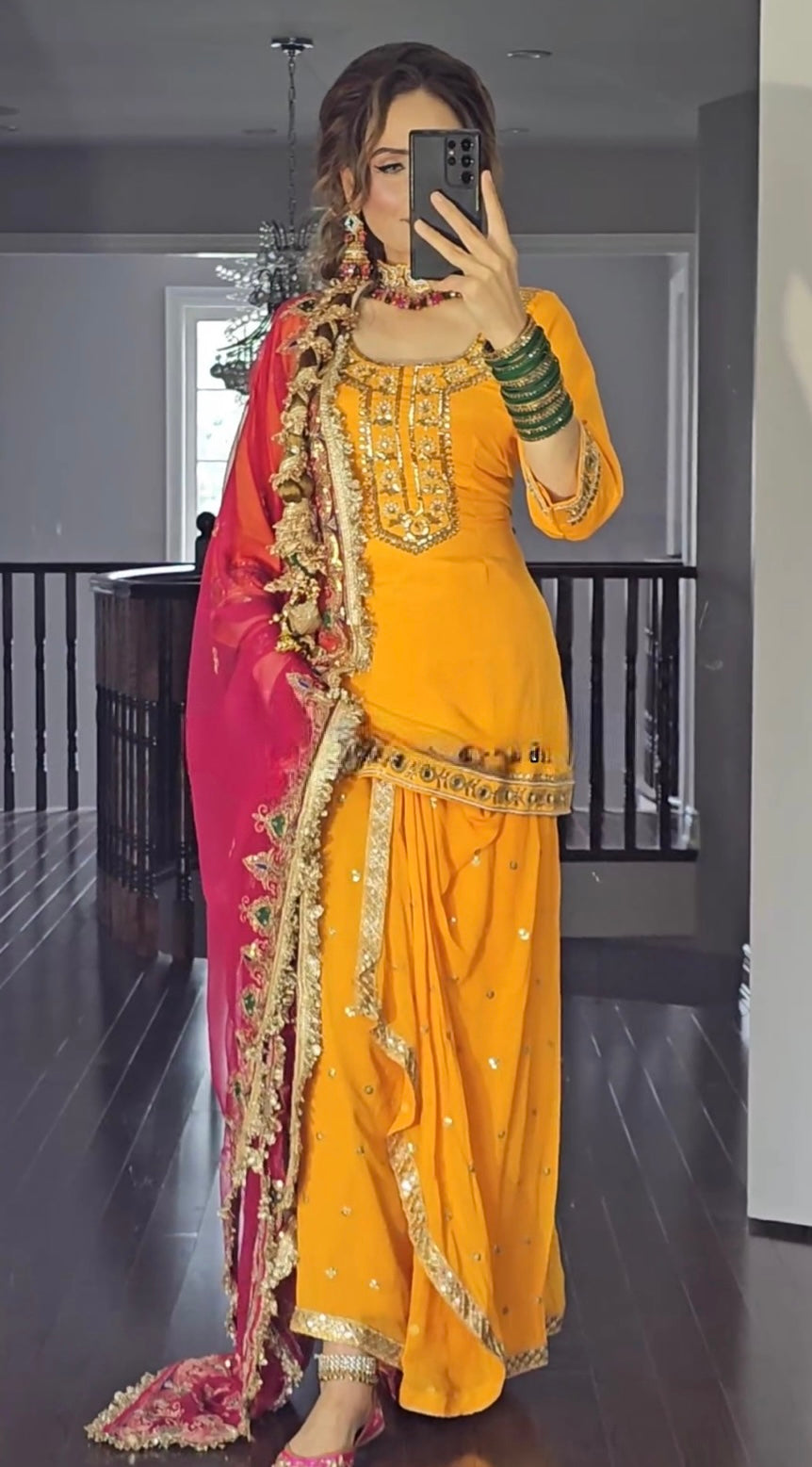 Yellow and Pink Dupatta New Designer Party Wear Look Top Dhoti Skirt and Dupatta Set