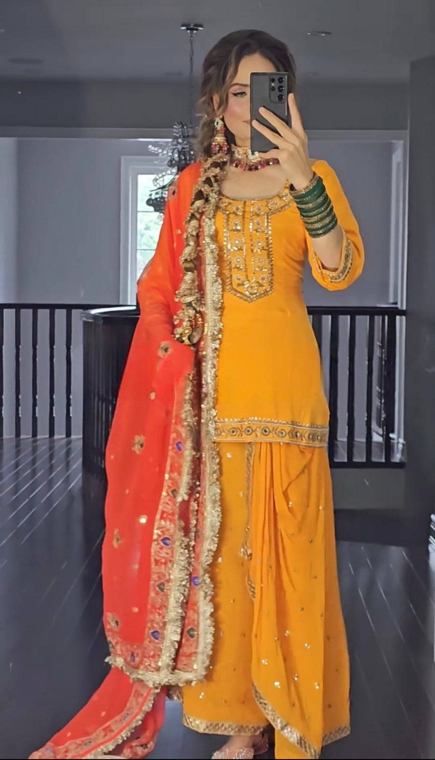 Yellow and Orange Dupatta New Designer Party Wear Look Top Dhoti Skirt and Dupatta Set