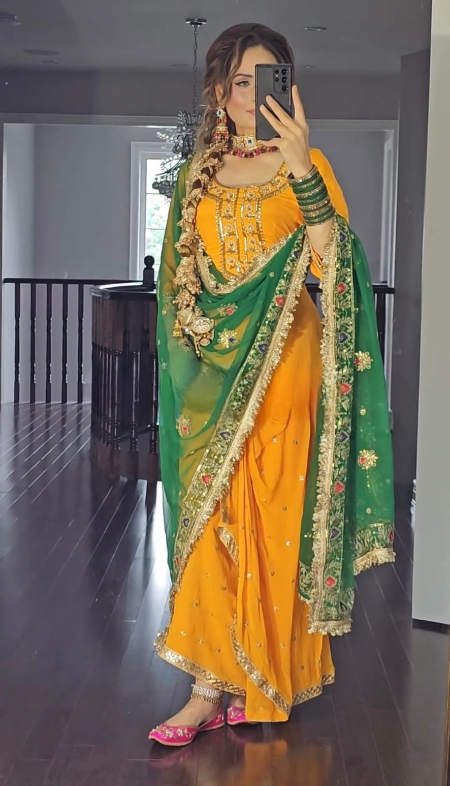 Yellow and Green Dupatta New Designer Party Wear Look Top Dhoti Skirt and Dupatta Set