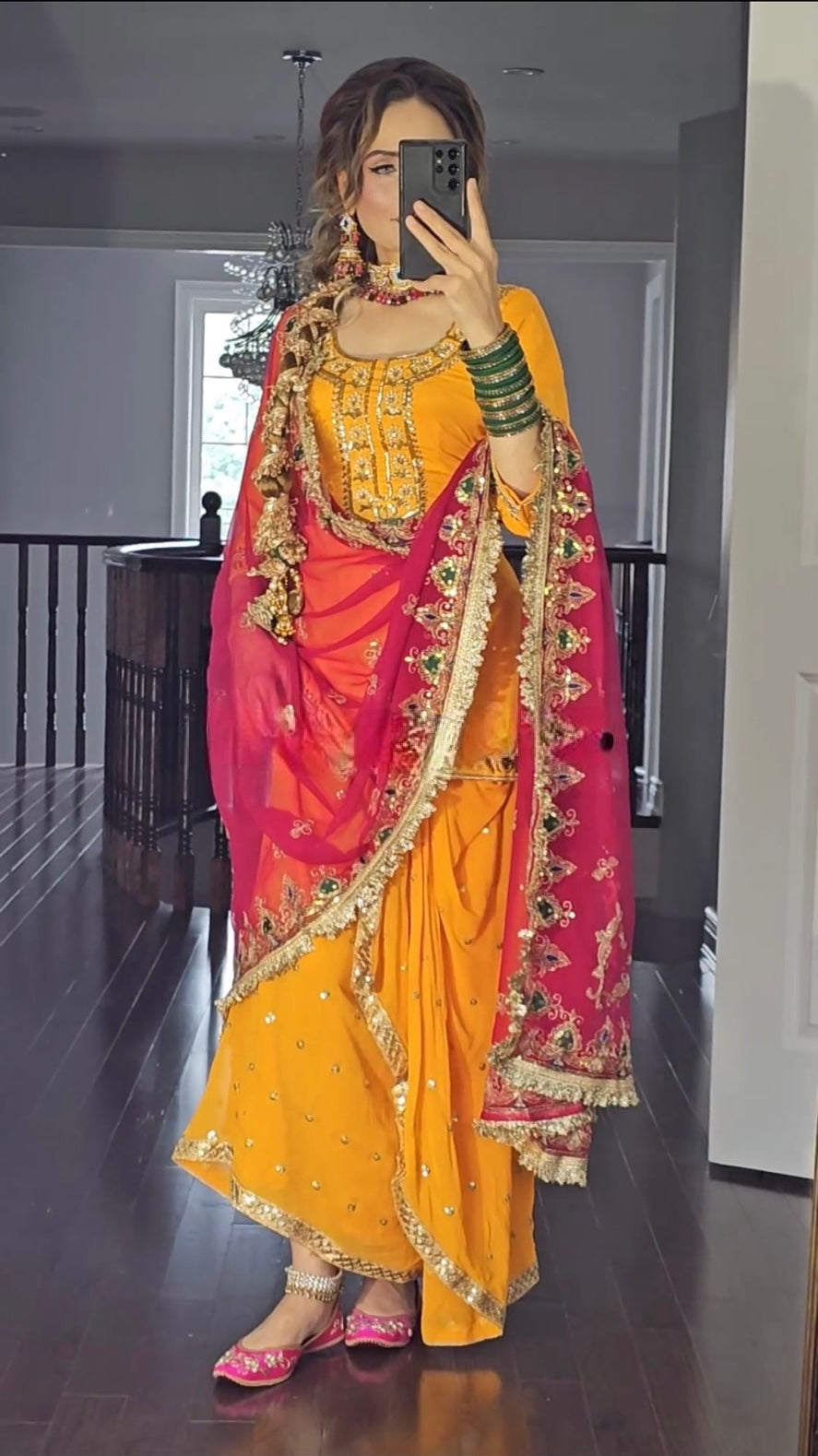 Yellow and Pink Dupatta New Designer Party Wear Look Top Dhoti Skirt and Dupatta Set