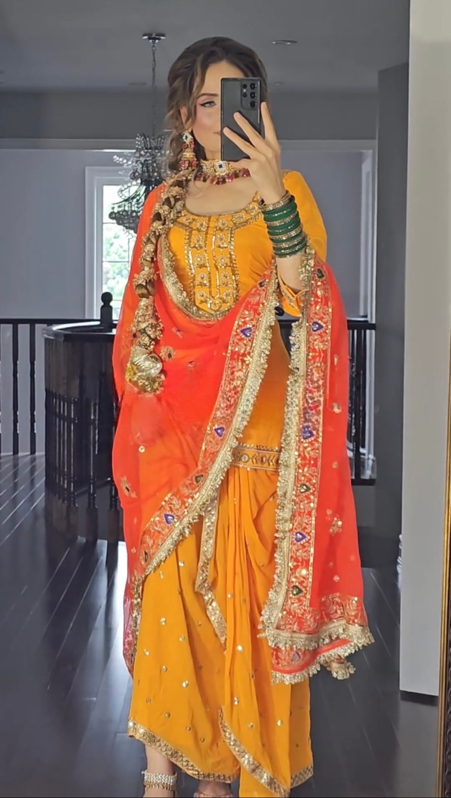 Yellow and Orange Dupatta New Designer Party Wear Look Top Dhoti Skirt and Dupatta Set