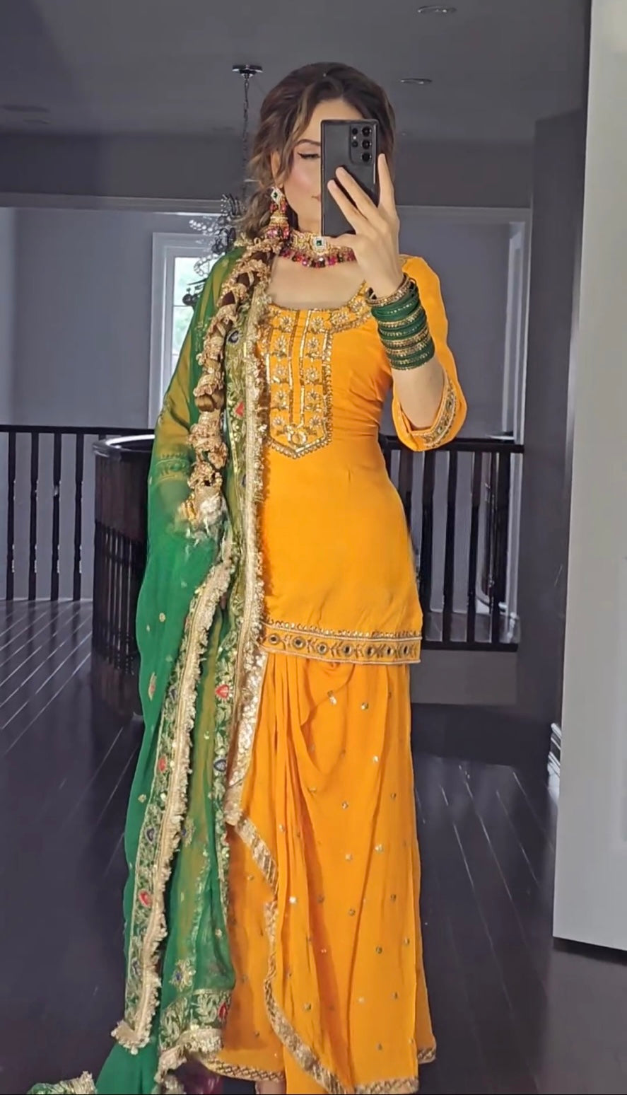 Yellow and Green Dupatta New Designer Party Wear Look Top Dhoti Skirt and Dupatta Set