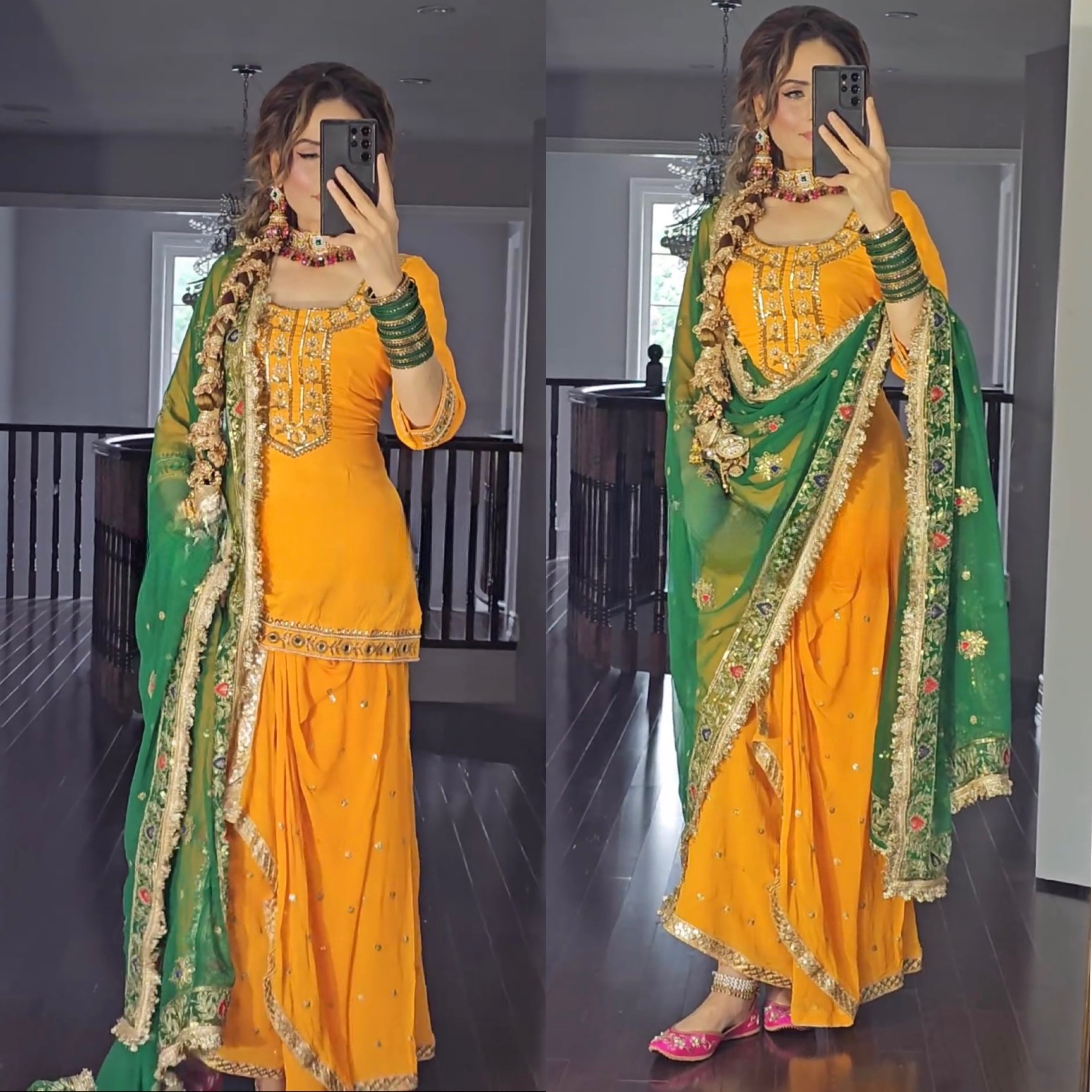 Yellow and Green Dupatta New Designer Party Wear Look Top Dhoti Skirt and Dupatta Set