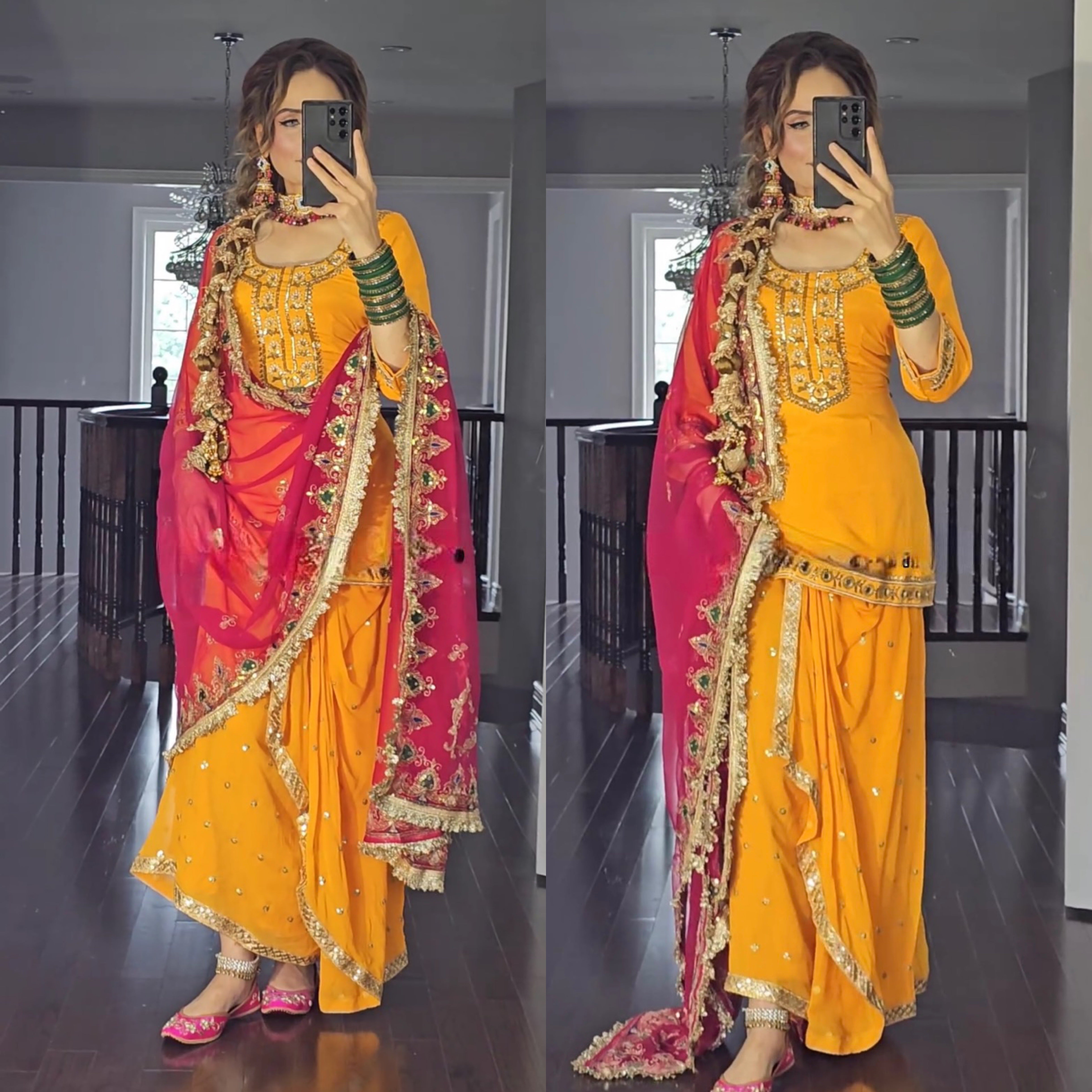 Yellow and Pink Dupatta New Designer Party Wear Look Top Dhoti Skirt and Dupatta Set