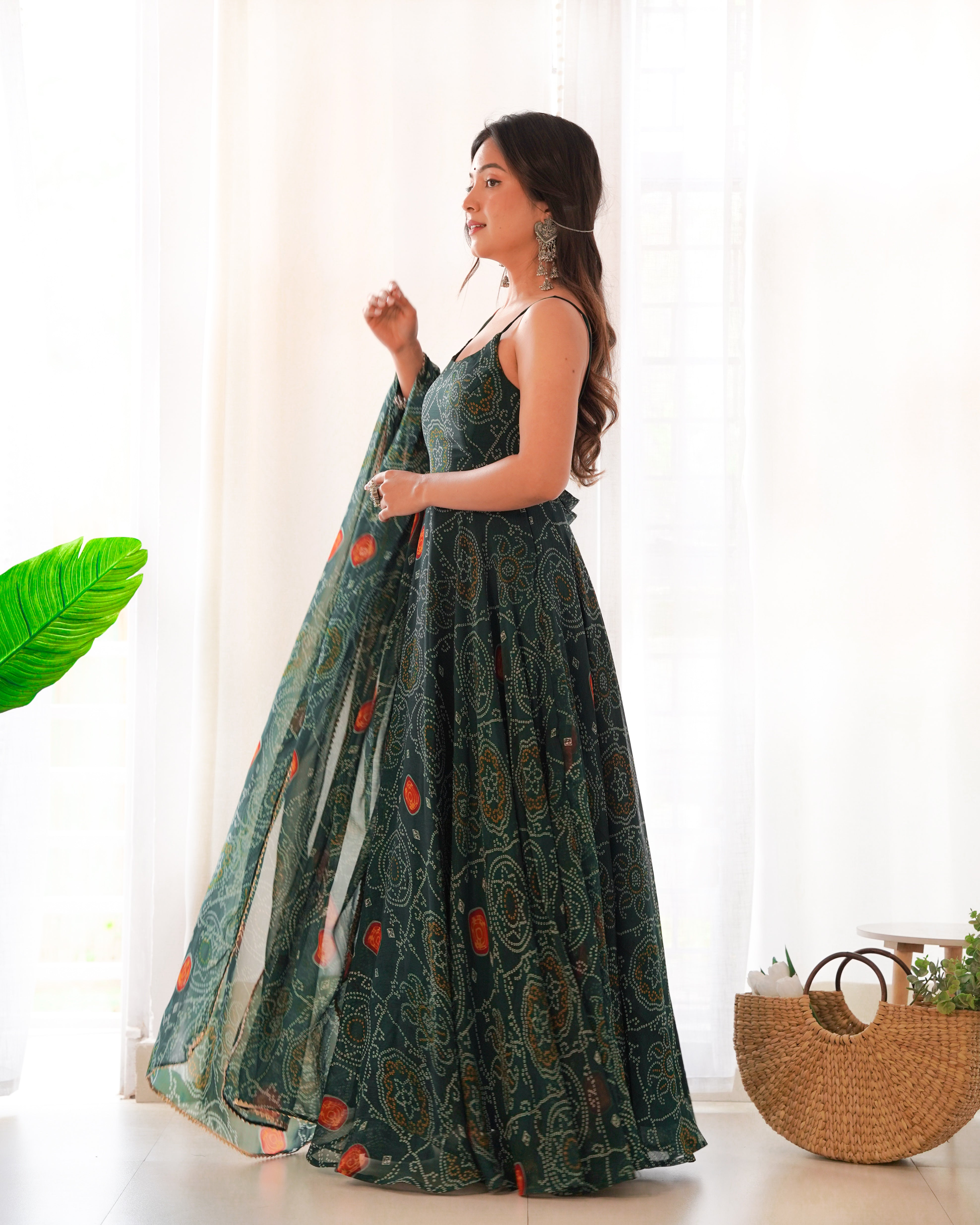 Bandhej Green Chiffon Printed Gown With Pant & Dupatta Set