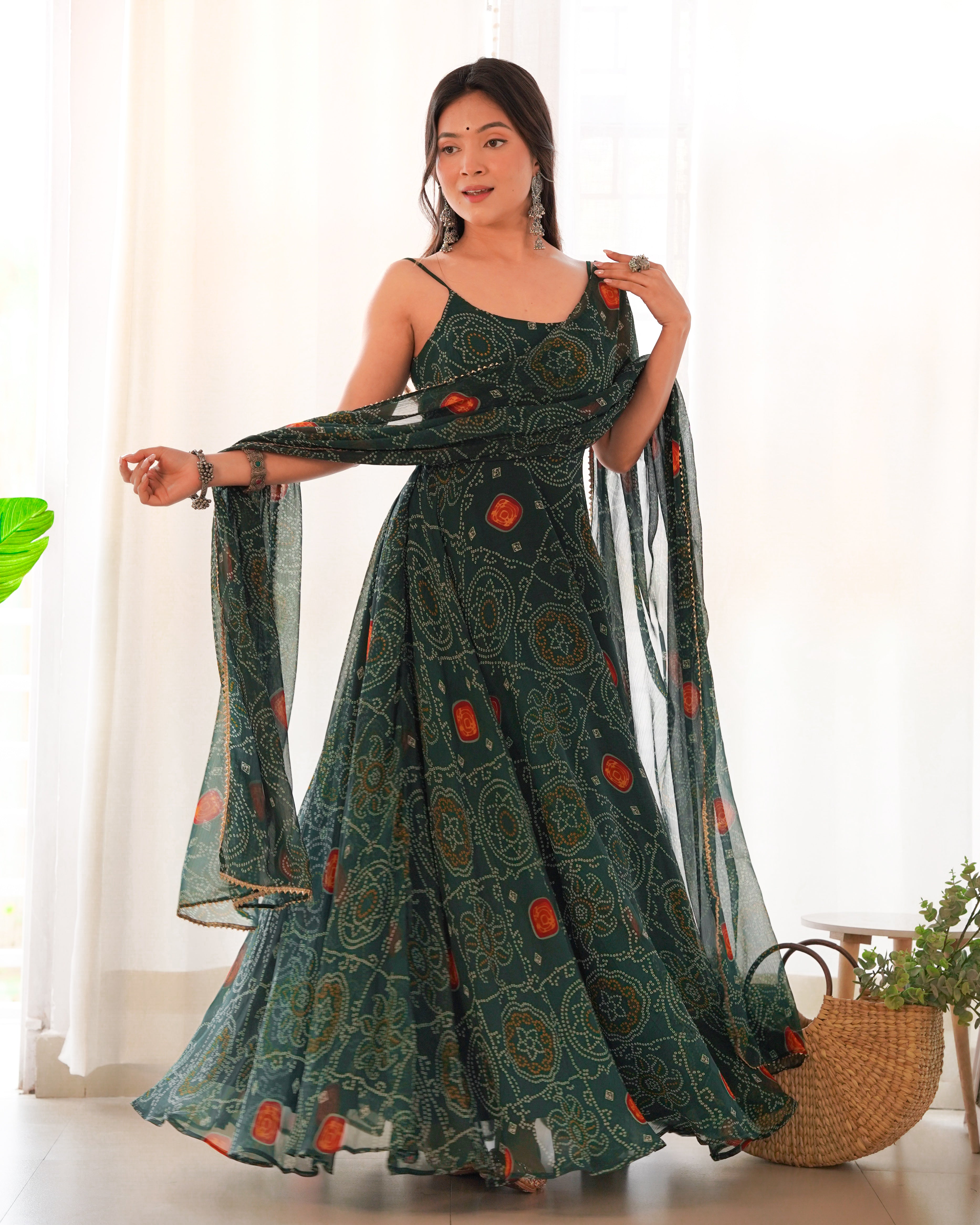 Bandhej Green Chiffon Printed Gown With Pant & Dupatta Set