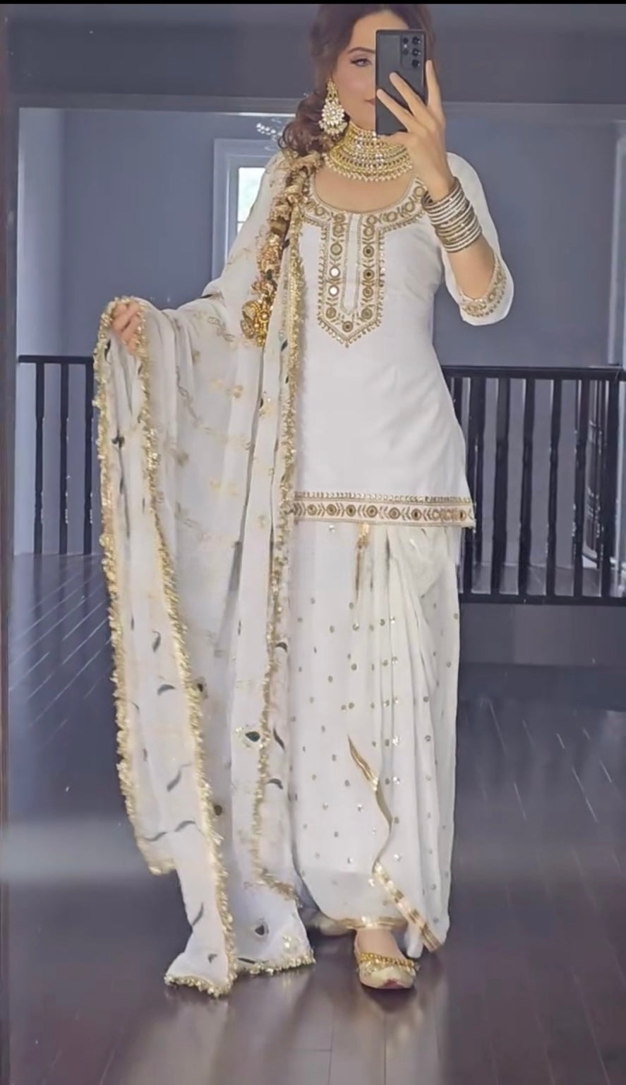 White Colour Malay Silk Fabric Designer Top Dhoti Skirt and Dupatta Set