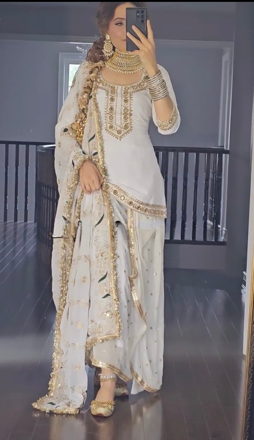 White Colour Malay Silk Fabric Designer Top Dhoti Skirt and Dupatta Set