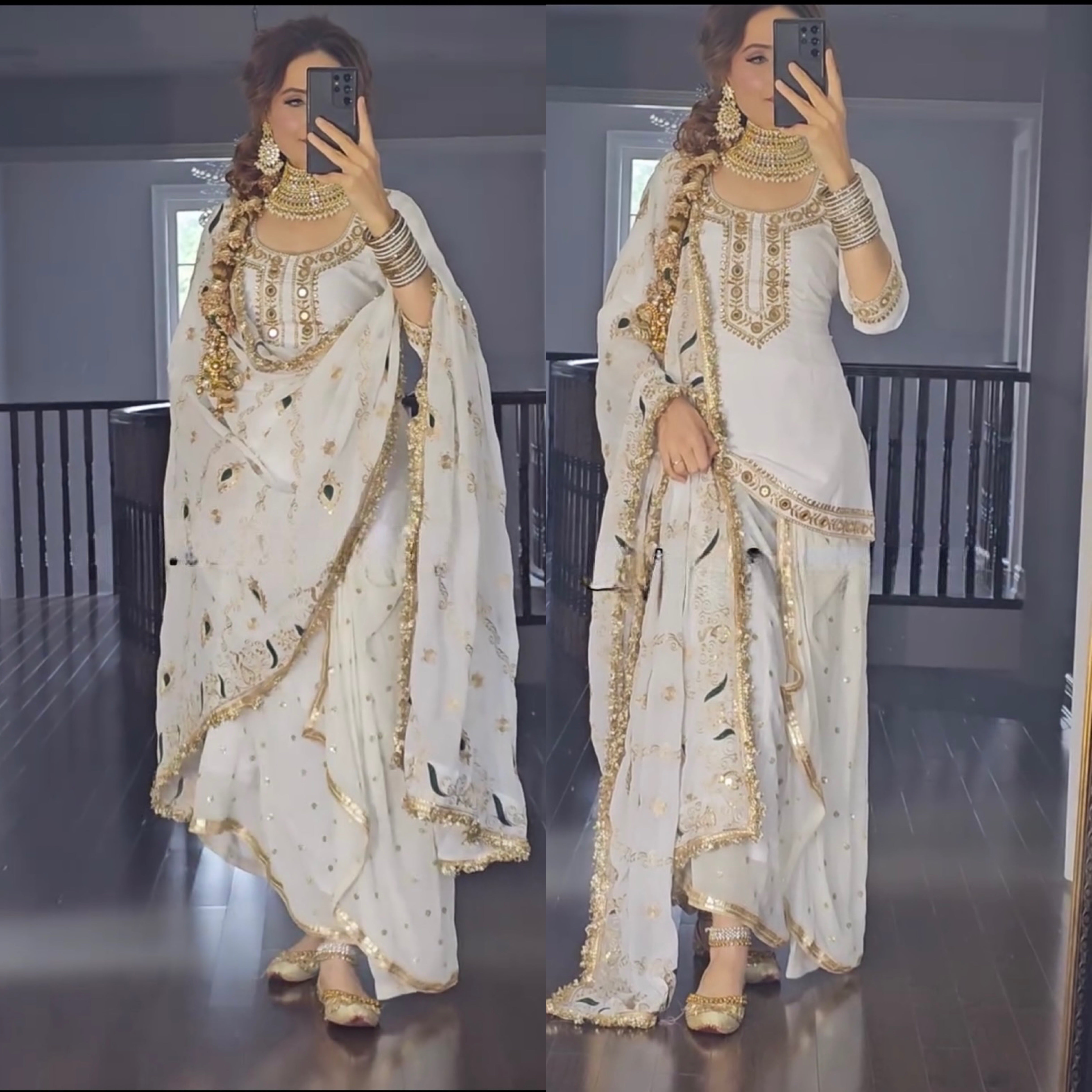 White Colour Malay Silk Fabric Designer Top Dhoti Skirt and Dupatta Set