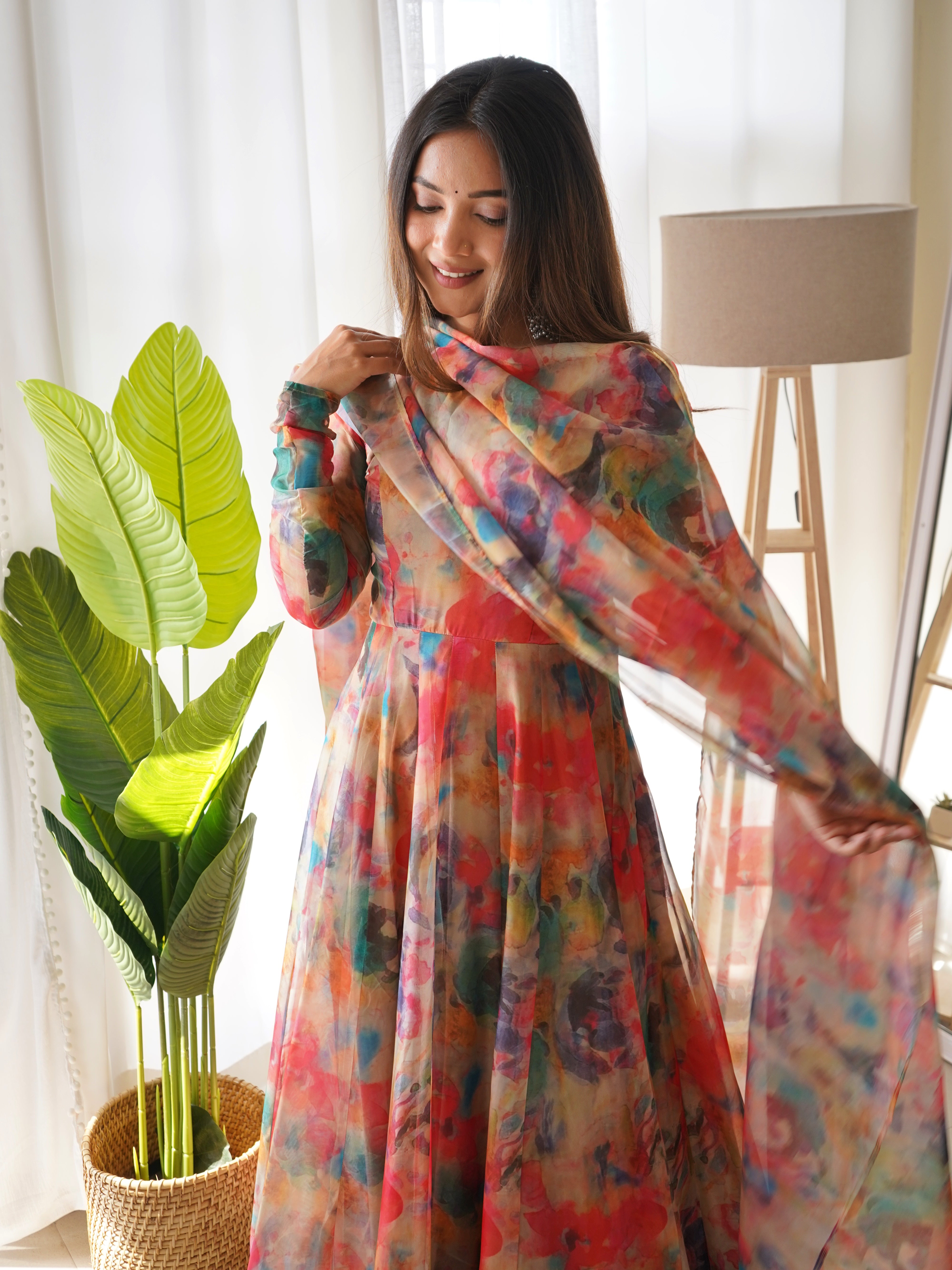 Orange Stains Organza Printed Anarkali Gown With Pant & Dupatta Set