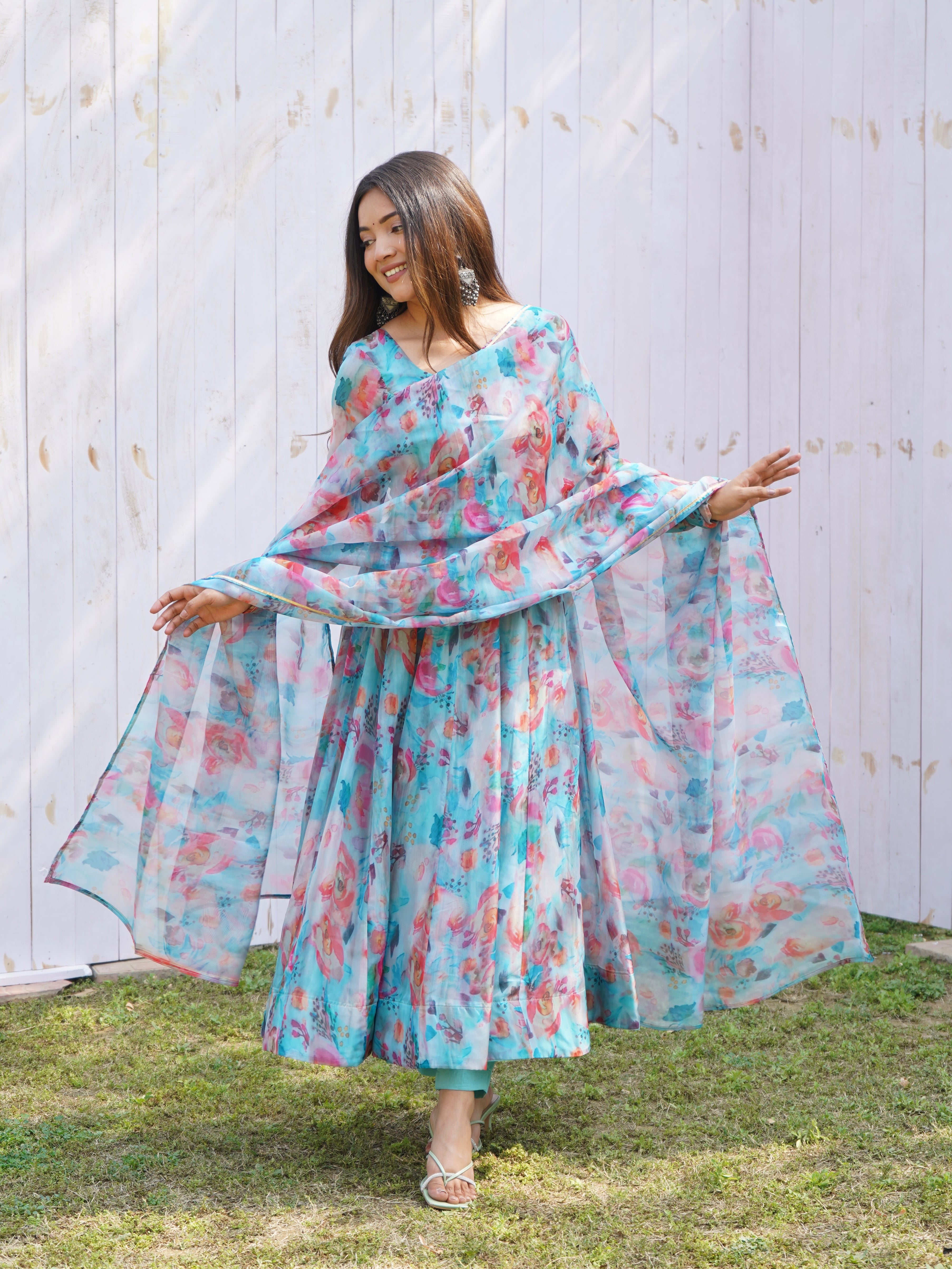 Sky Stains Organza Printed Anarkali Gown With Pant & Dupatta Set