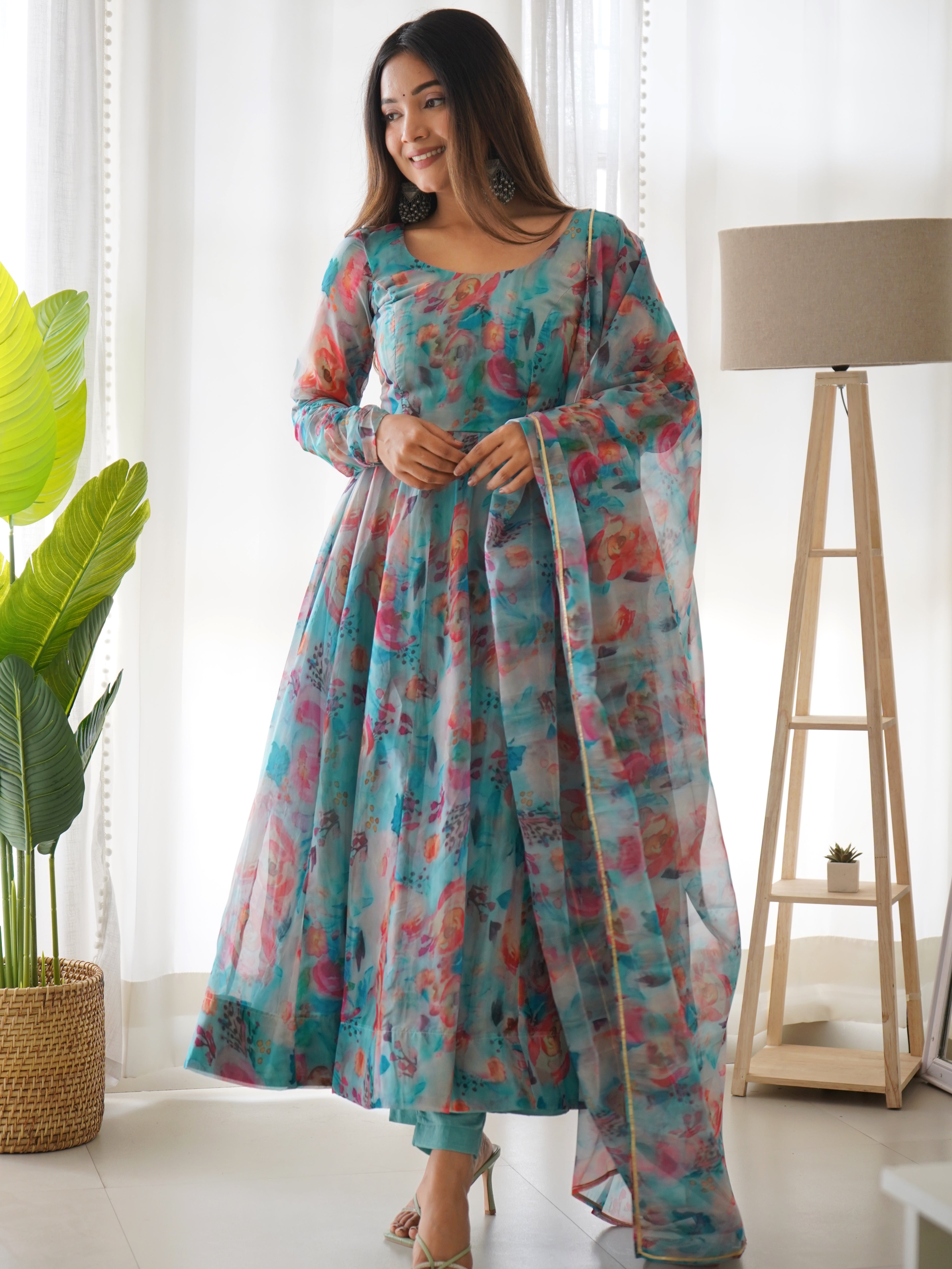 Sky Stains Organza Printed Anarkali Gown With Pant & Dupatta Set