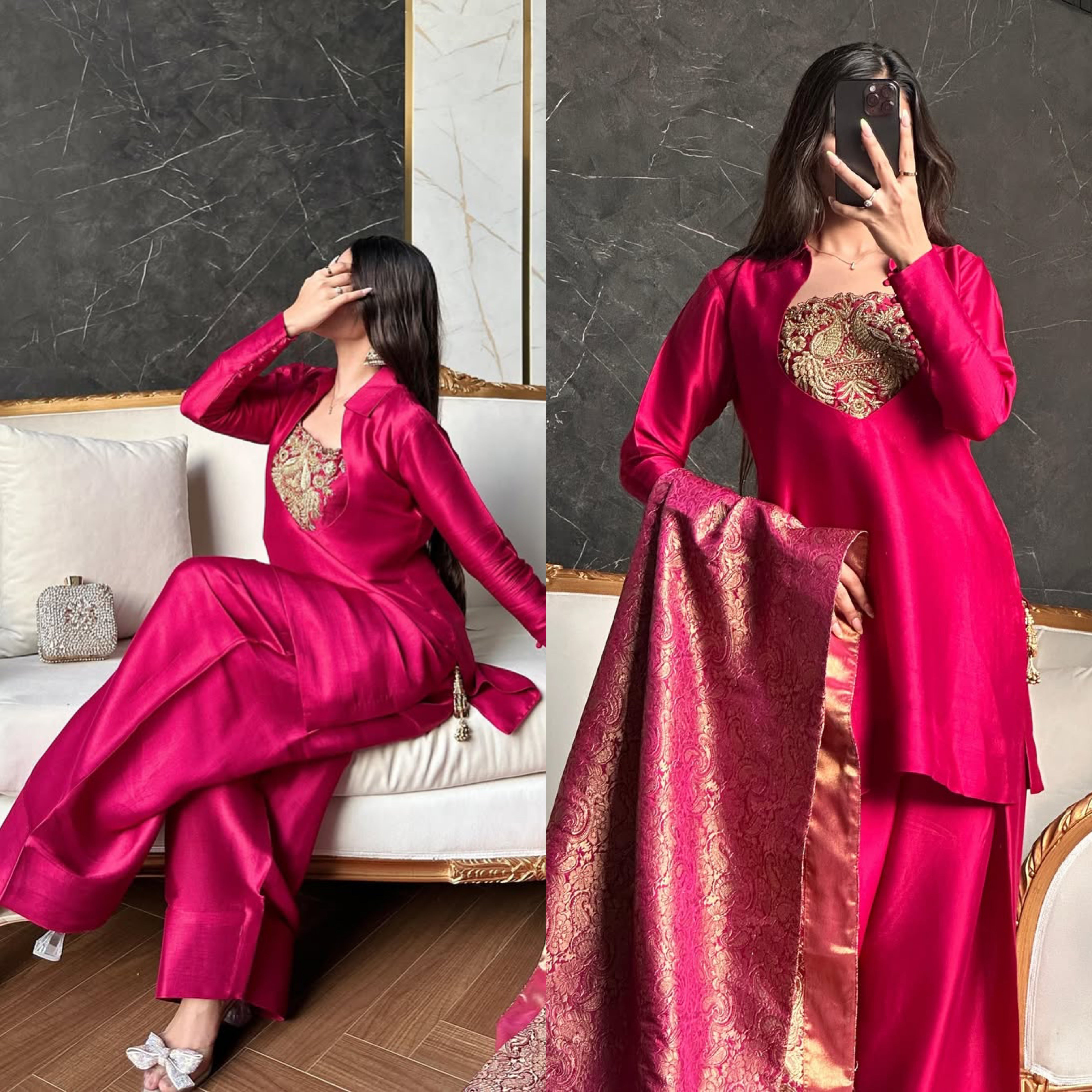 Deep Rani Pink Silk Patiala Suit with Heavy Bids Hand Work Neckline & Jacquard Dupatta set