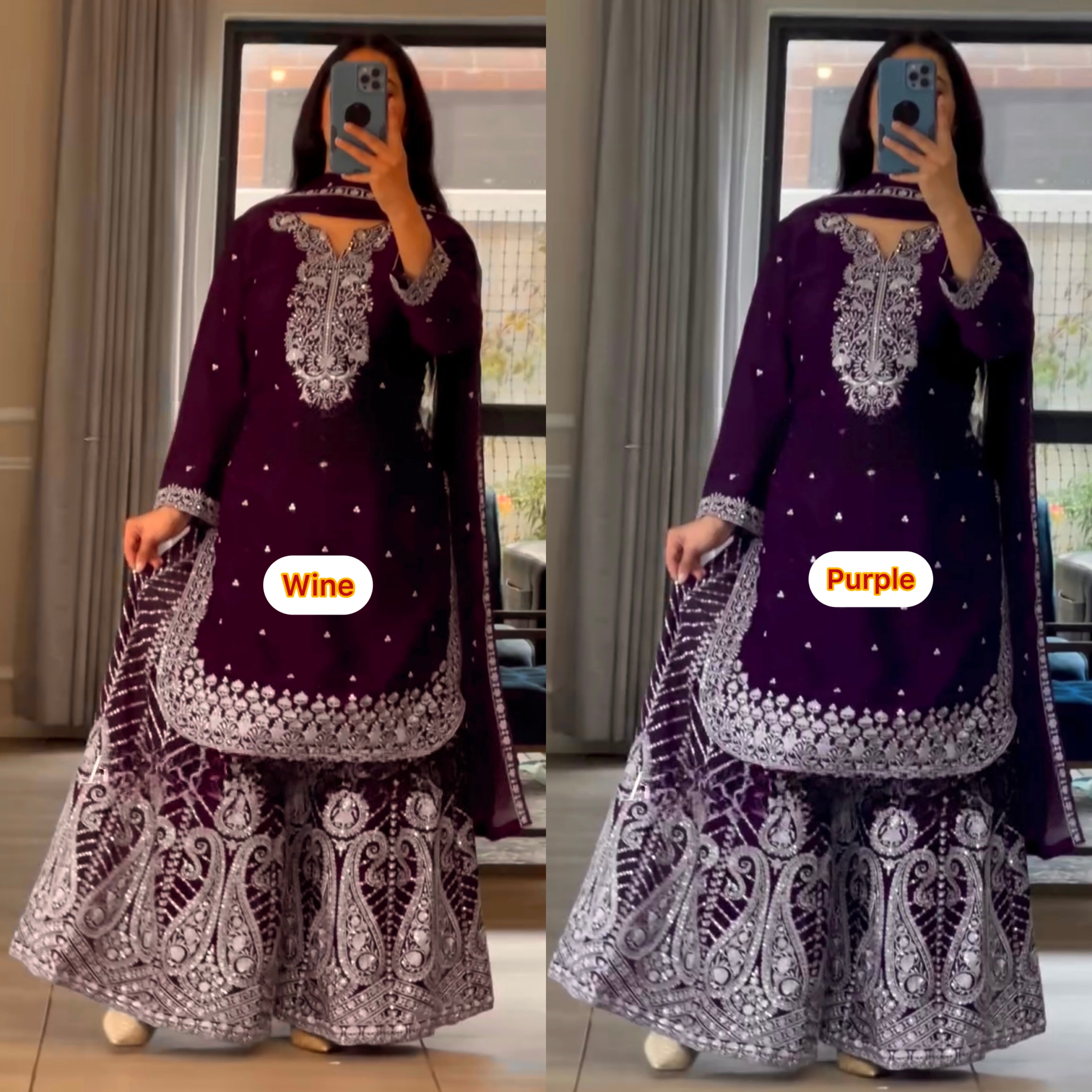 Deep Purple and Wine Gharara Set with Intricate White Embroidery