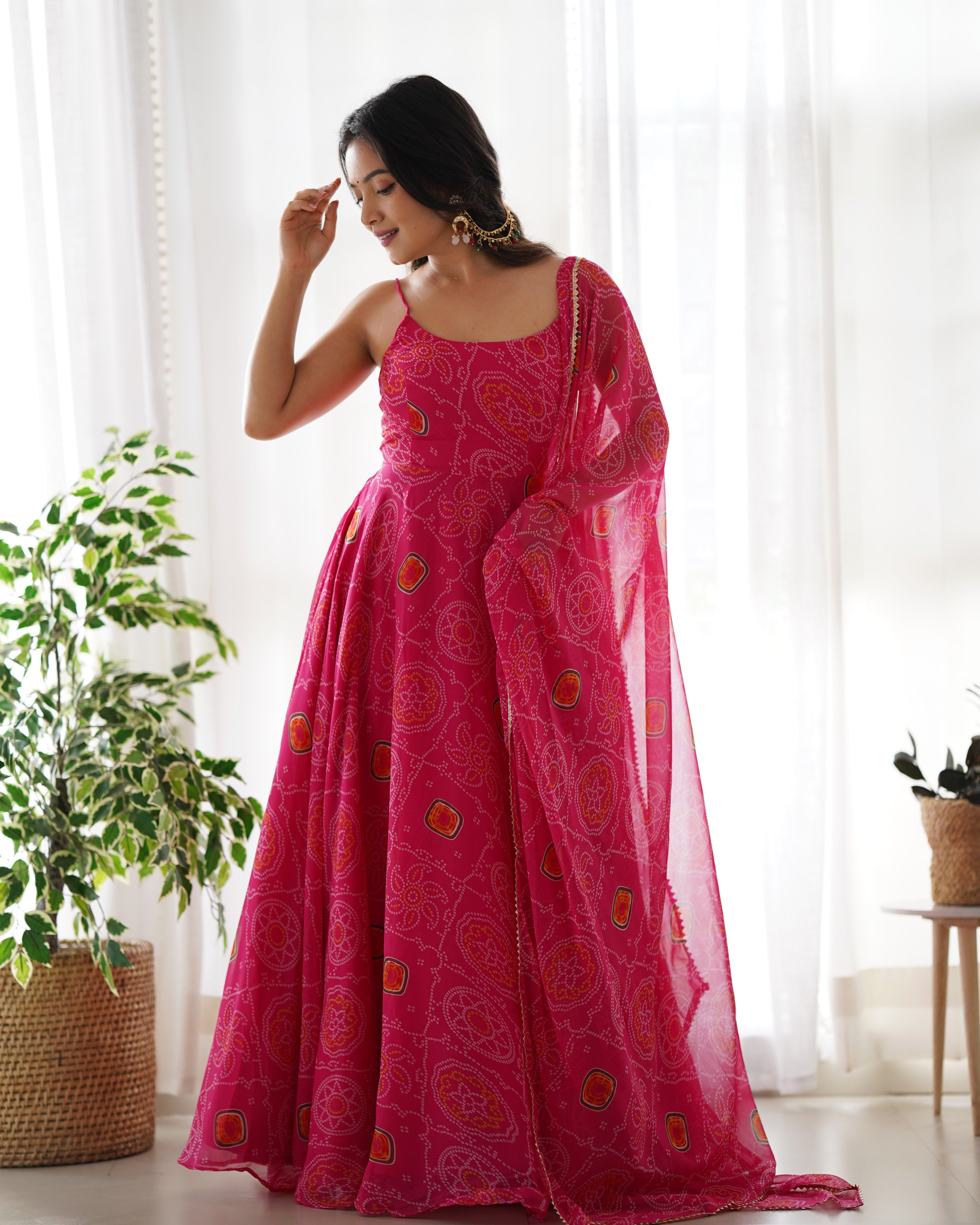 Bandhej Pink Chiffon Printed Gown With Pant & Dupatta Set