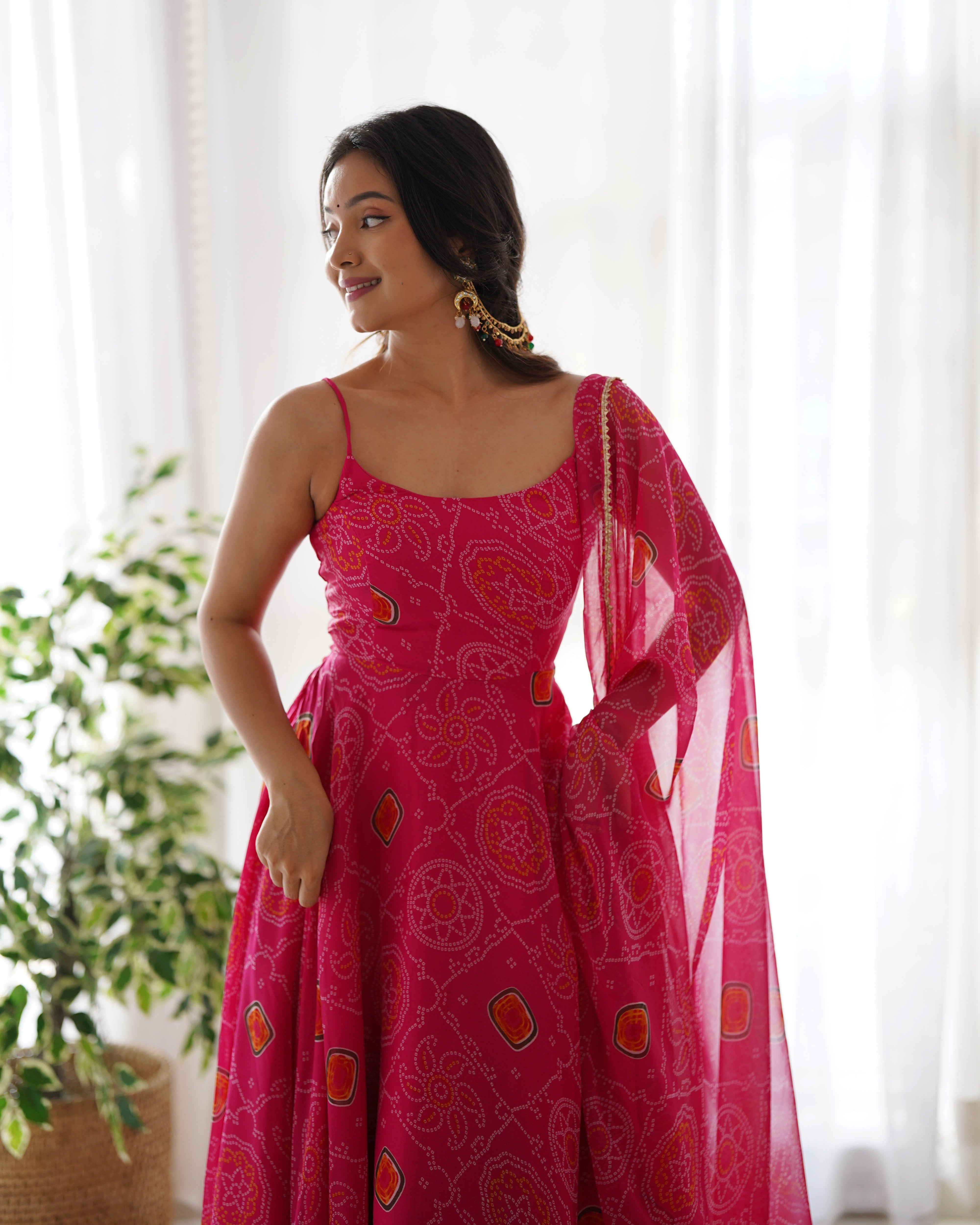 Bandhej Pink Chiffon Printed Gown With Pant & Dupatta Set