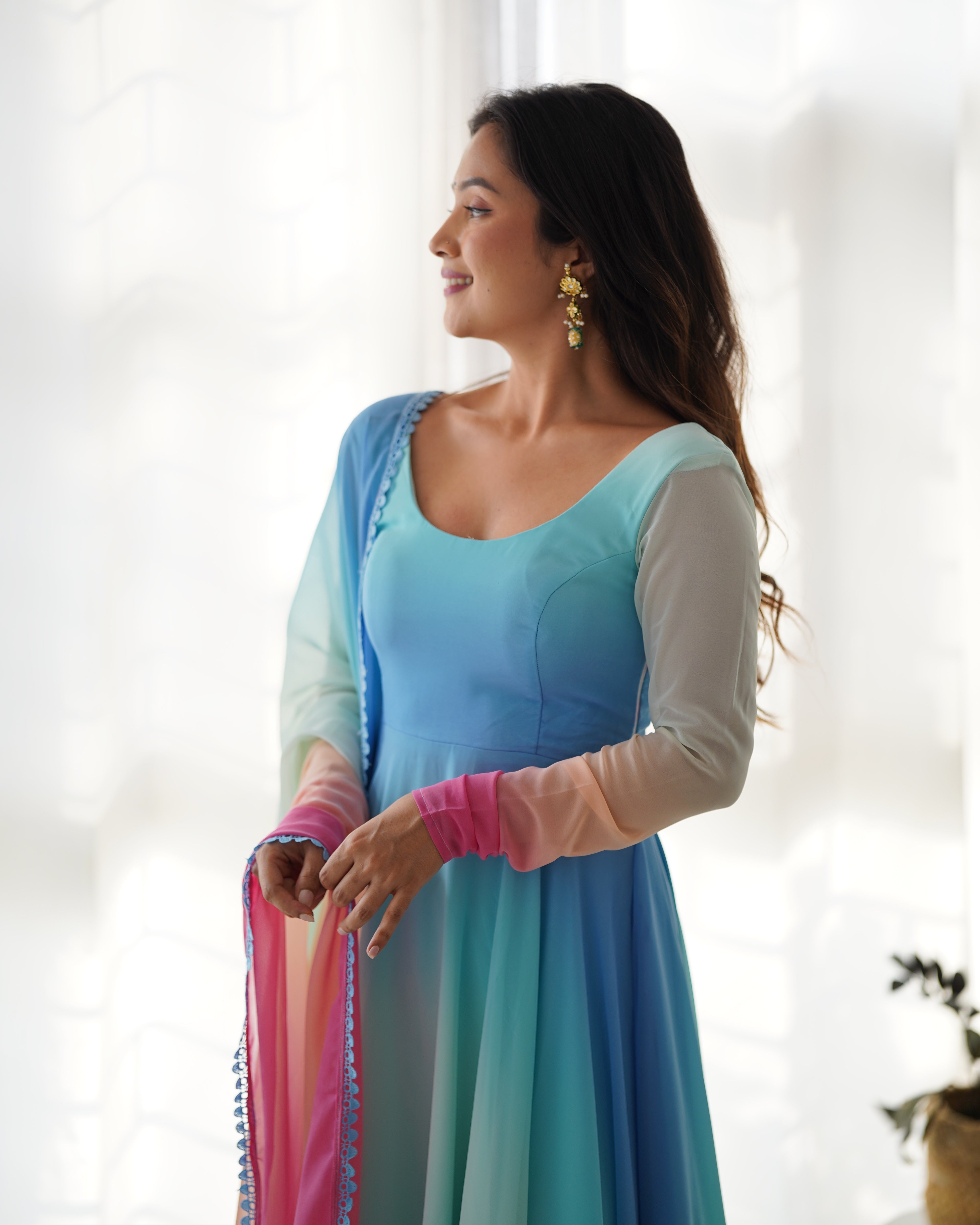 Sky Colored Organza Anarkali Gown With Pant & Dupatta Set