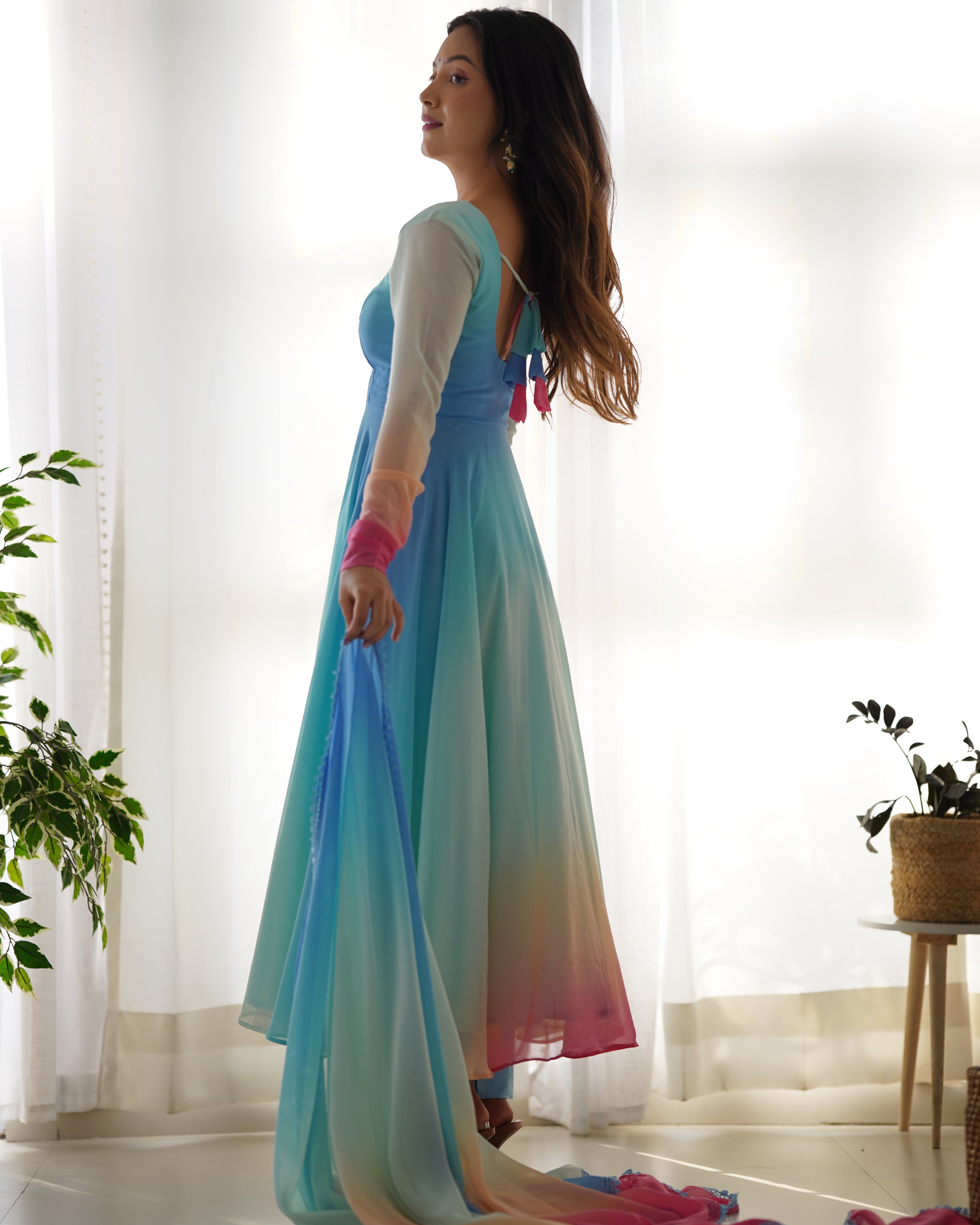 Sky Colored Organza Anarkali Gown With Pant & Dupatta Set