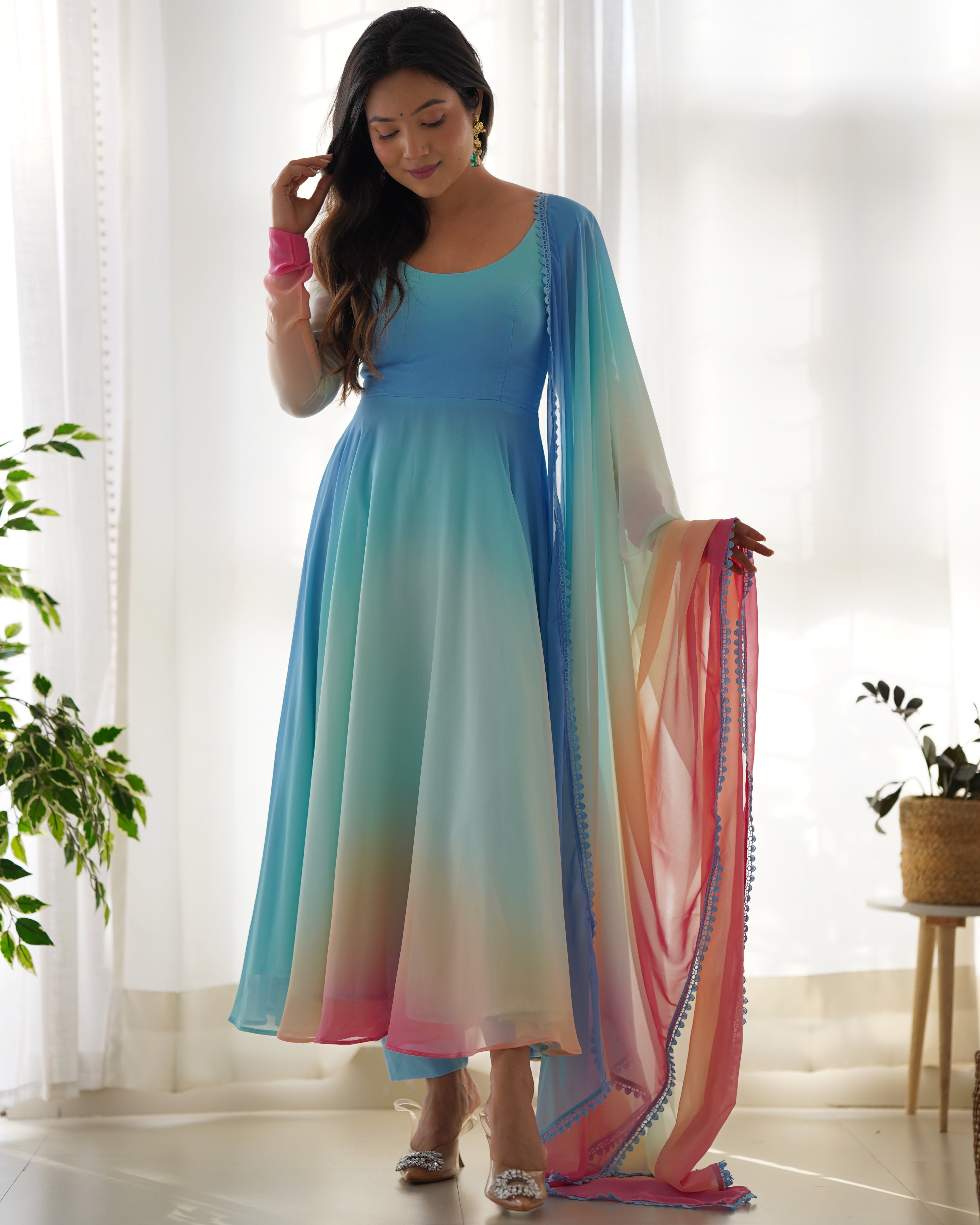 Sky Colored Organza Anarkali Gown With Pant & Dupatta Set