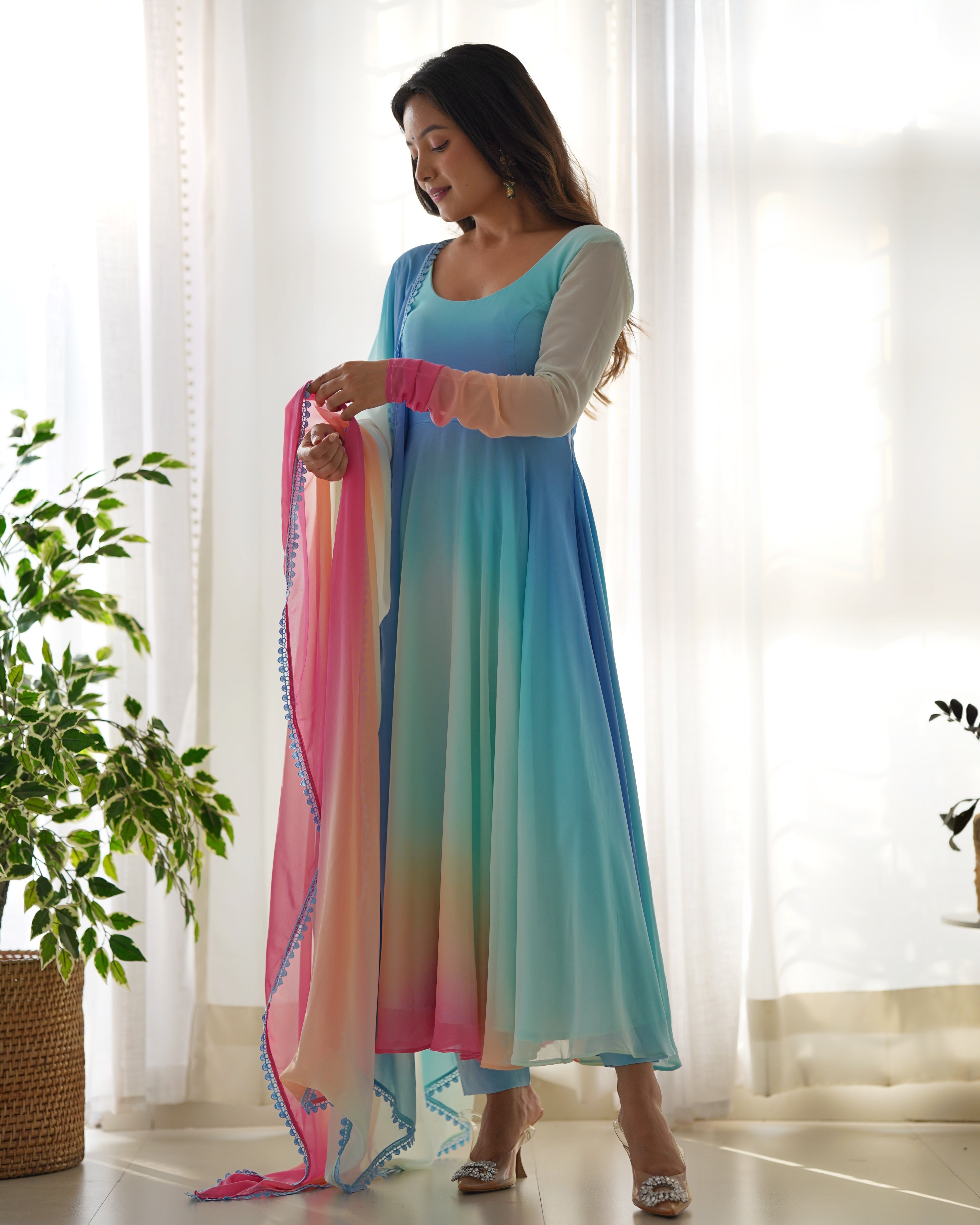 Sky Colored Organza Anarkali Gown With Pant & Dupatta Set