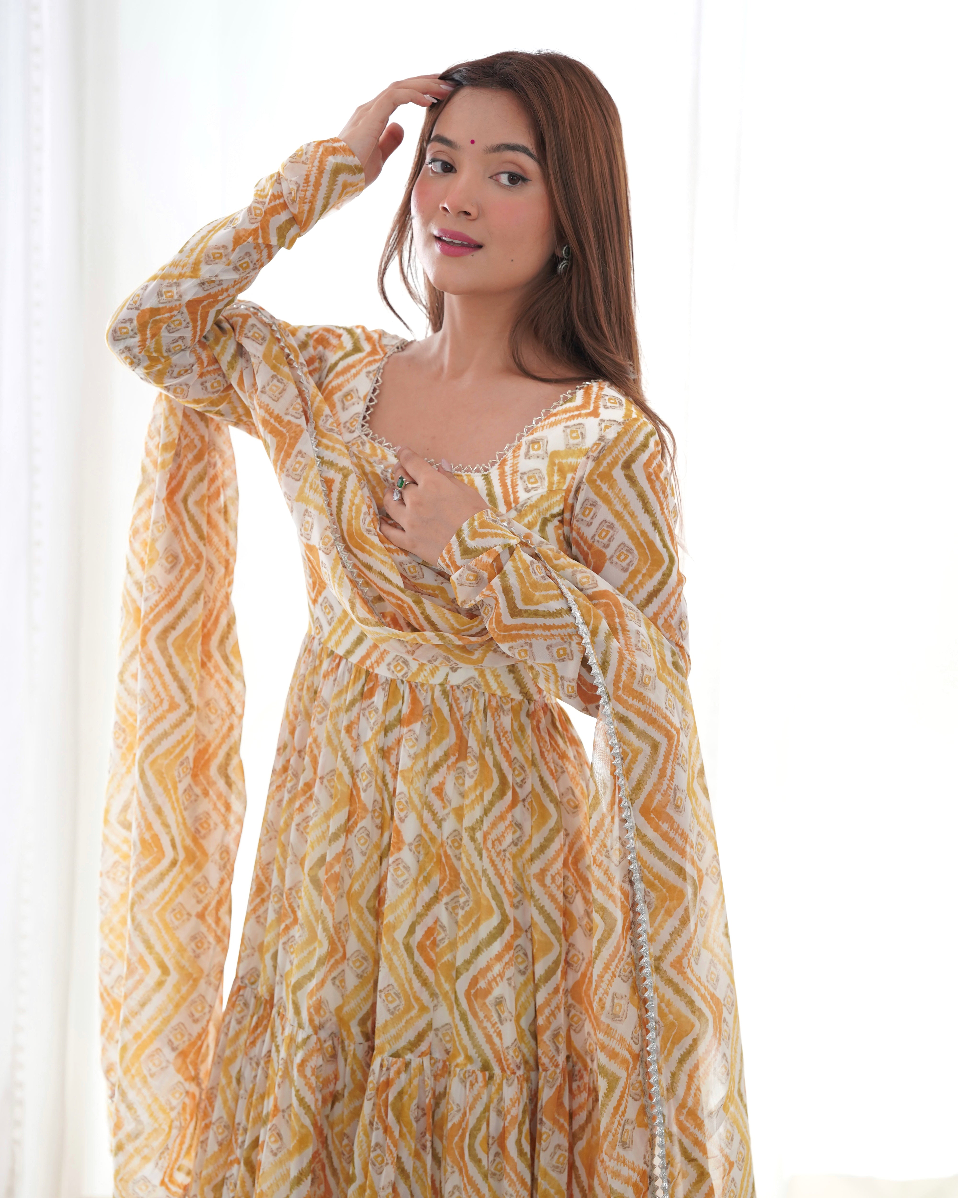 Yellow Zigzag Print Georgette Anarkali Kurti With Pant Dupatta Set