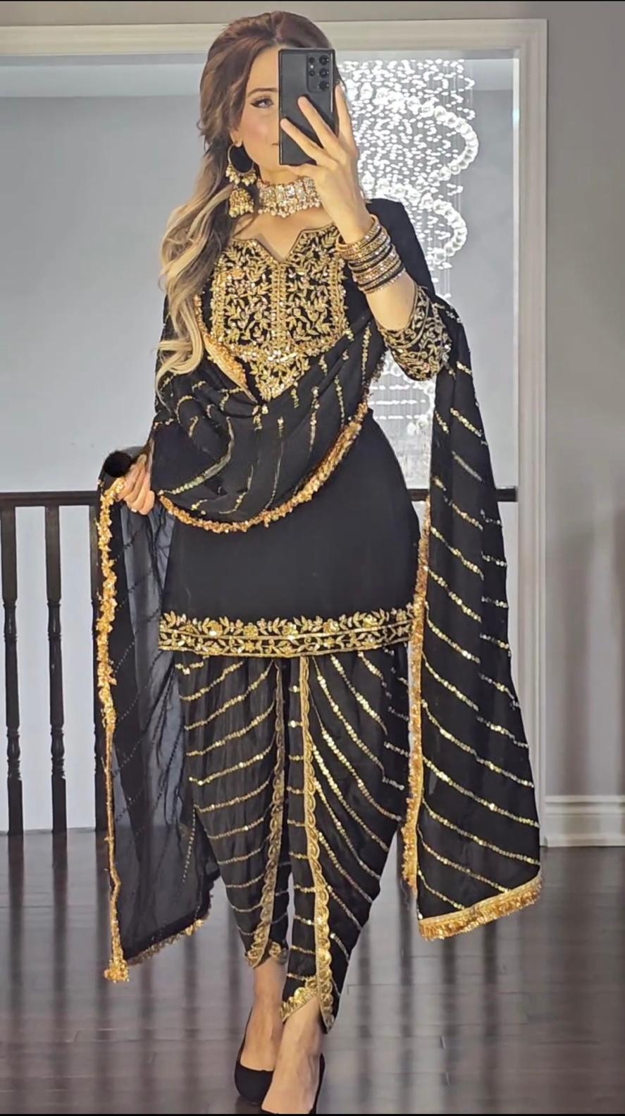 Black New Designer Party Wear Look Top Dhoti Salwar and Dupatta