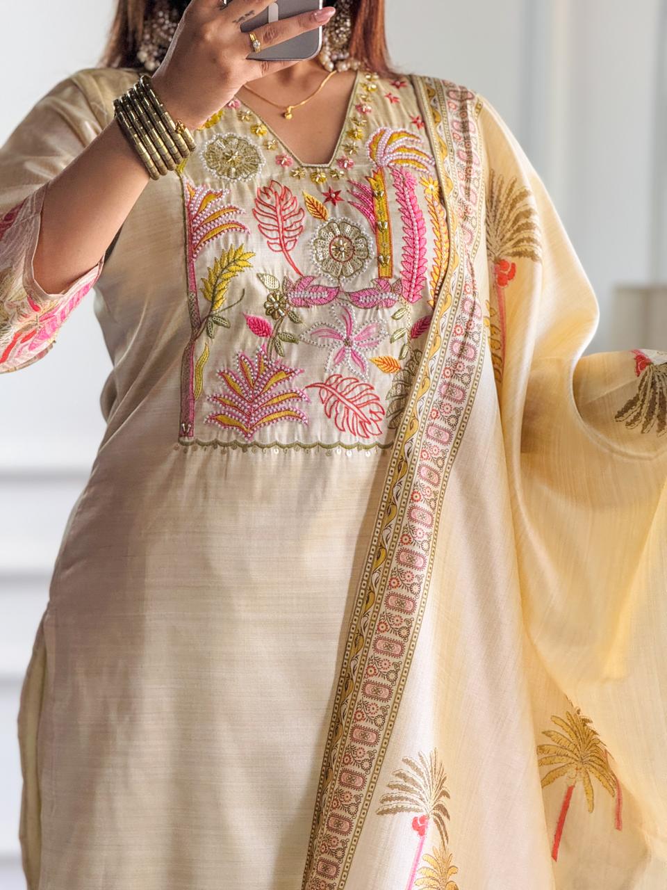 Cream Silk Suit with Tropical Embroidered and handwork Dupatta