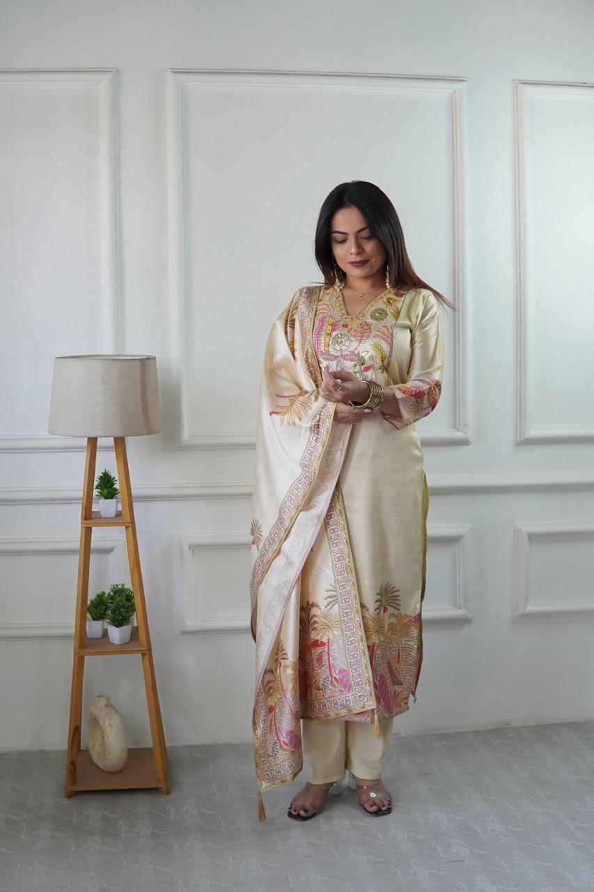 Cream Silk Suit with Tropical Embroidered and handwork Dupatta